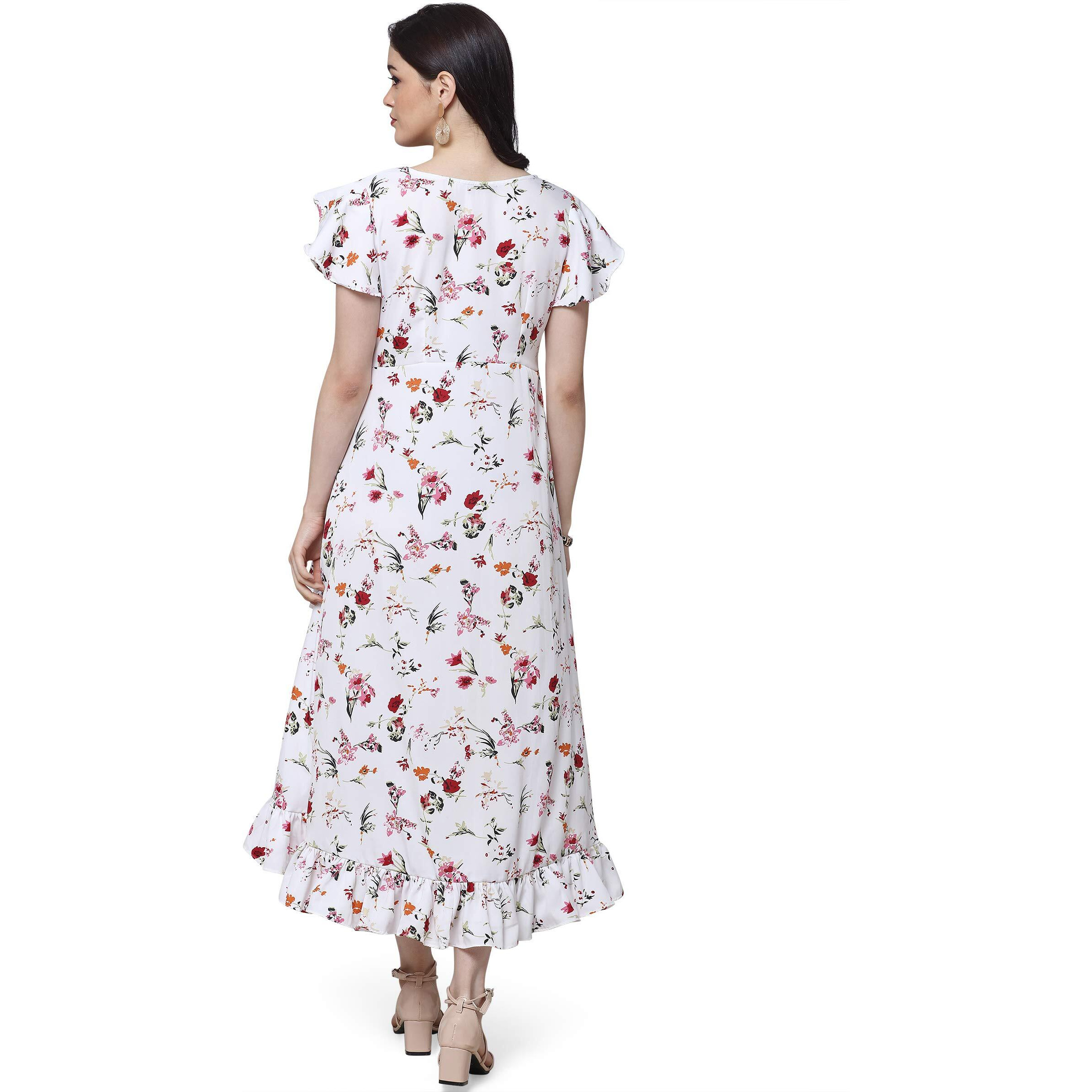 Oomph Dress For Women Stylish| Summer Vacation Style |Floral Print Wrap Maxi |Lightweight Flared Maxi Dress For Casual & Holiday Wear White