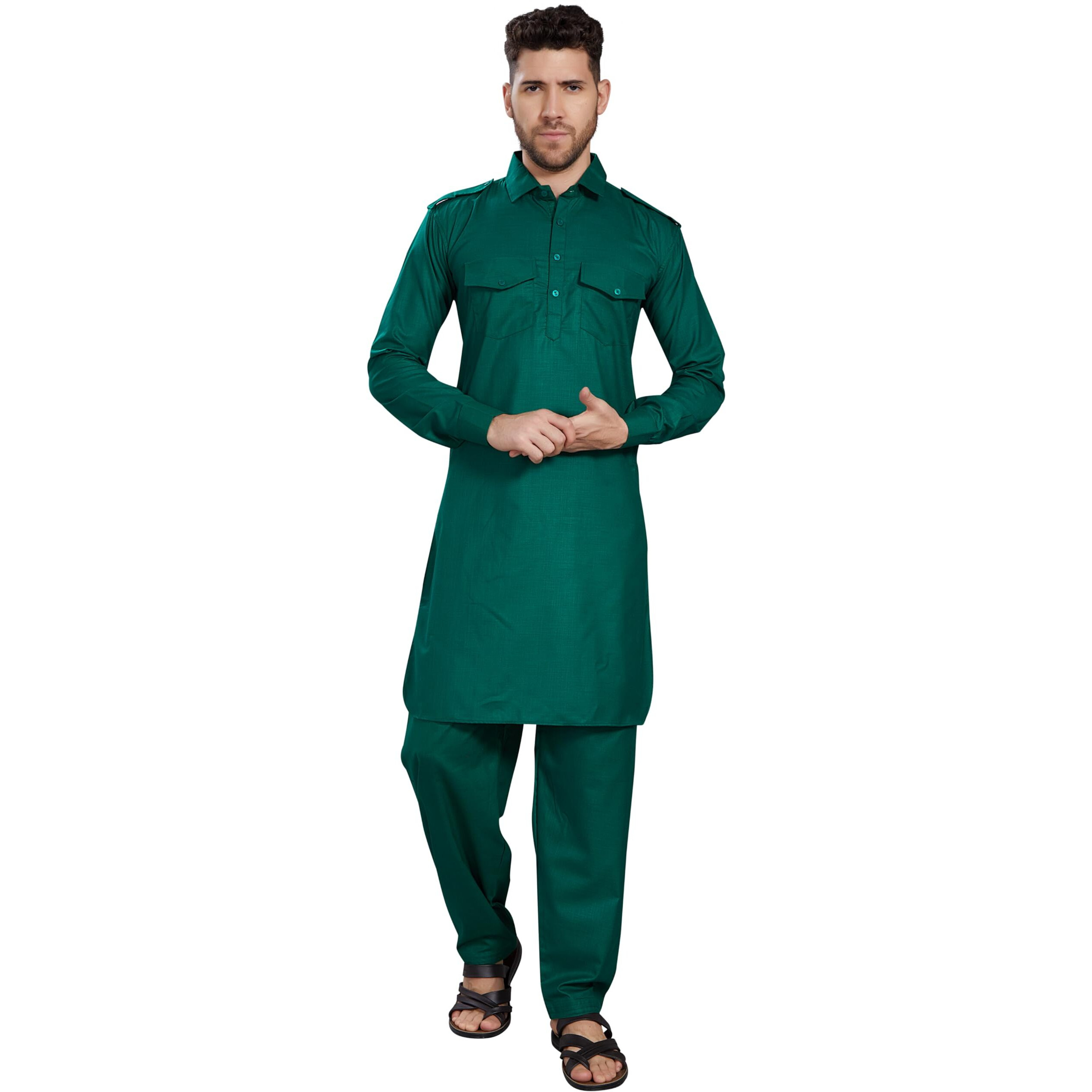 Divisive Men's Cotton Blend Pathani Kurta Pyjama Set (Dkrt463_Xxl_Green)