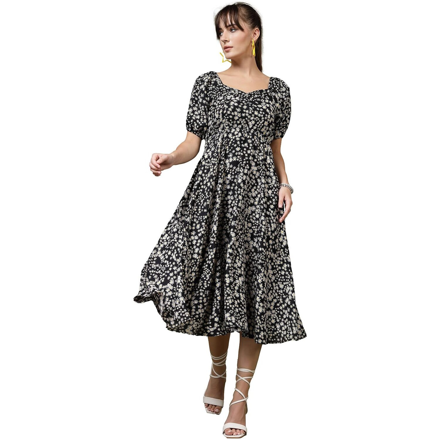 Oomph Flared Dress For Women Stylish | Long One Piece For Women | Puff Sleeve Long Dress | Floral Print Maxi One Piece | Western & Fusion Wear Midnight Black