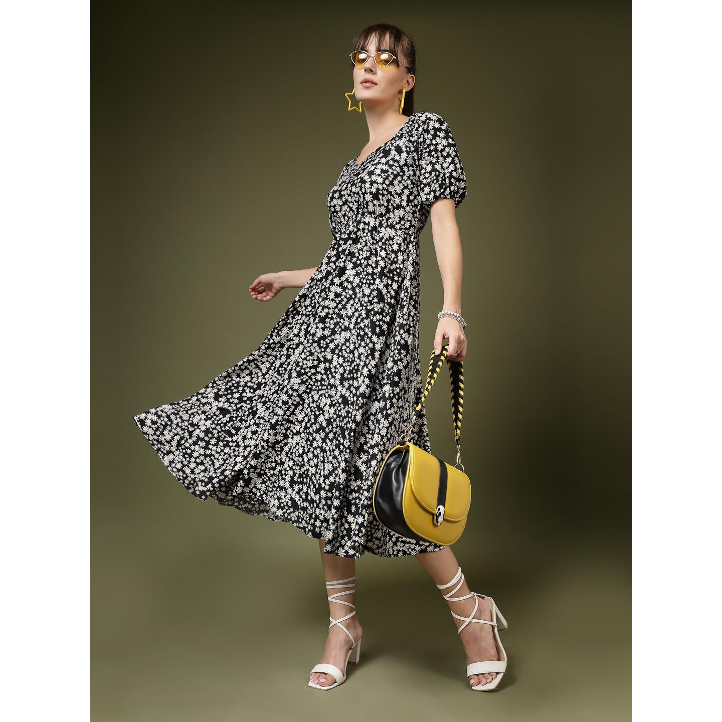 Oomph Flared Dress For Women Stylish | Long One Piece For Women | Puff Sleeve Long Dress | Floral Print Maxi One Piece | Western & Fusion Wear Midnight Black