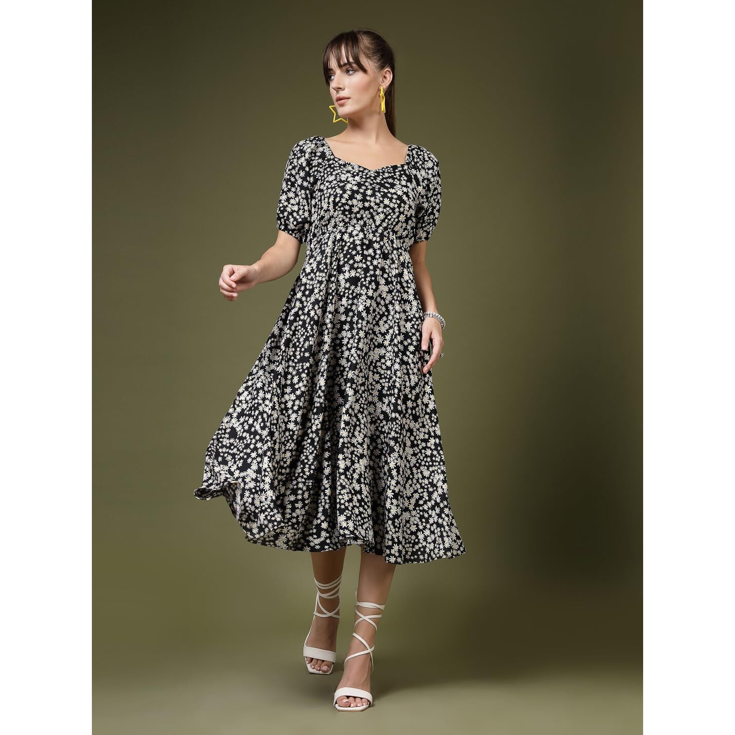 Oomph Flared Dress For Women Stylish | Long One Piece For Women | Puff Sleeve Long Dress | Floral Print Maxi One Piece | Western & Fusion Wear Midnight Black