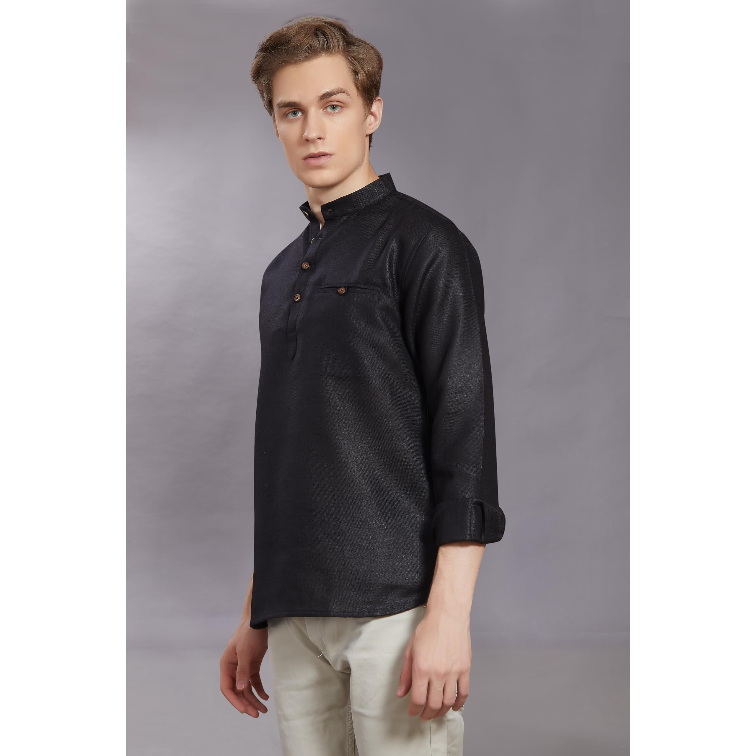 Divisive Men's Pure Cotton Linen Full Sleeves Ethnic Casual Relaxed Fit Short Kurta/Shirt (Dkrt503_M_Black)