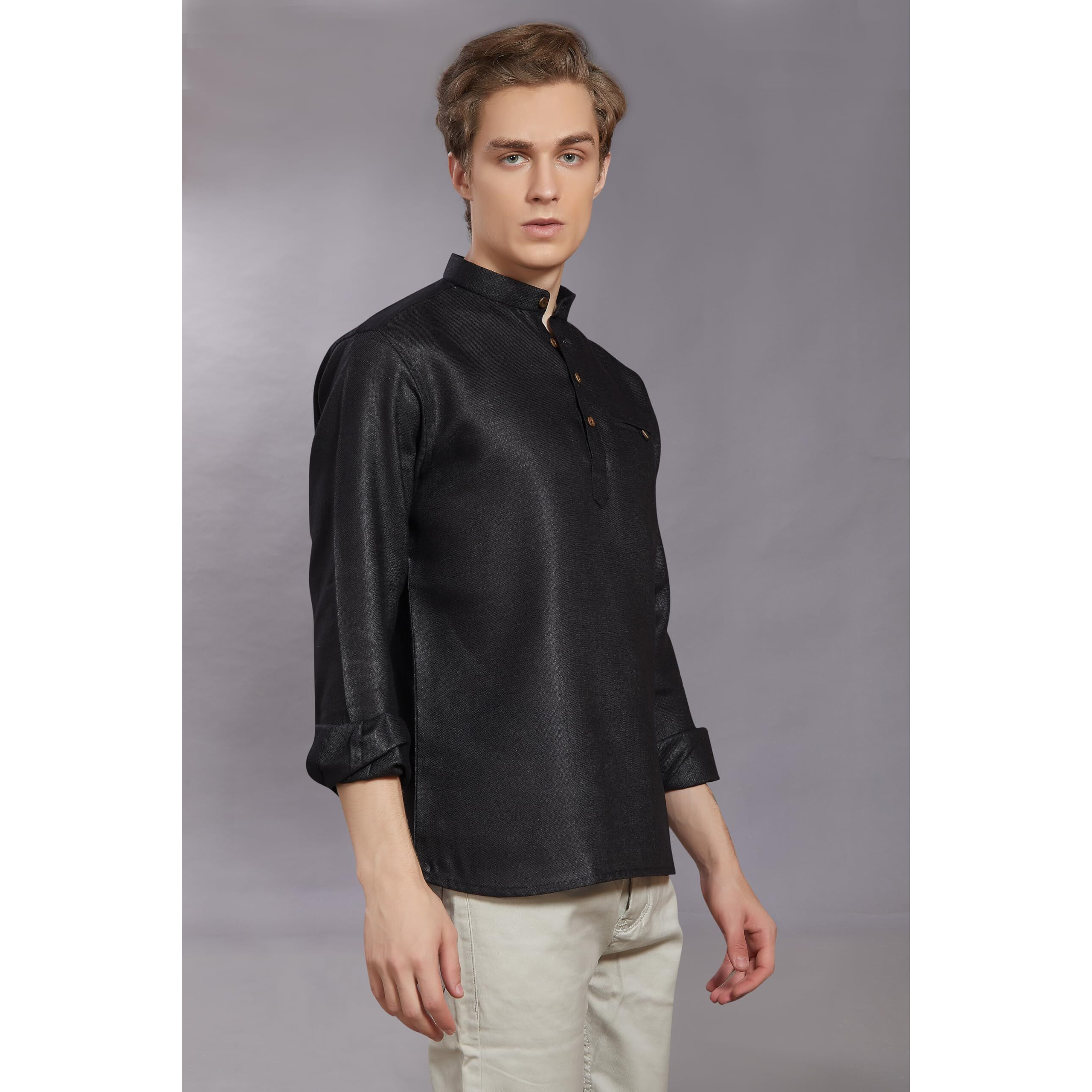 Divisive Men's Pure Cotton Linen Full Sleeves Ethnic Casual Relaxed Fit Short Kurta/Shirt (Dkrt503_M_Black)