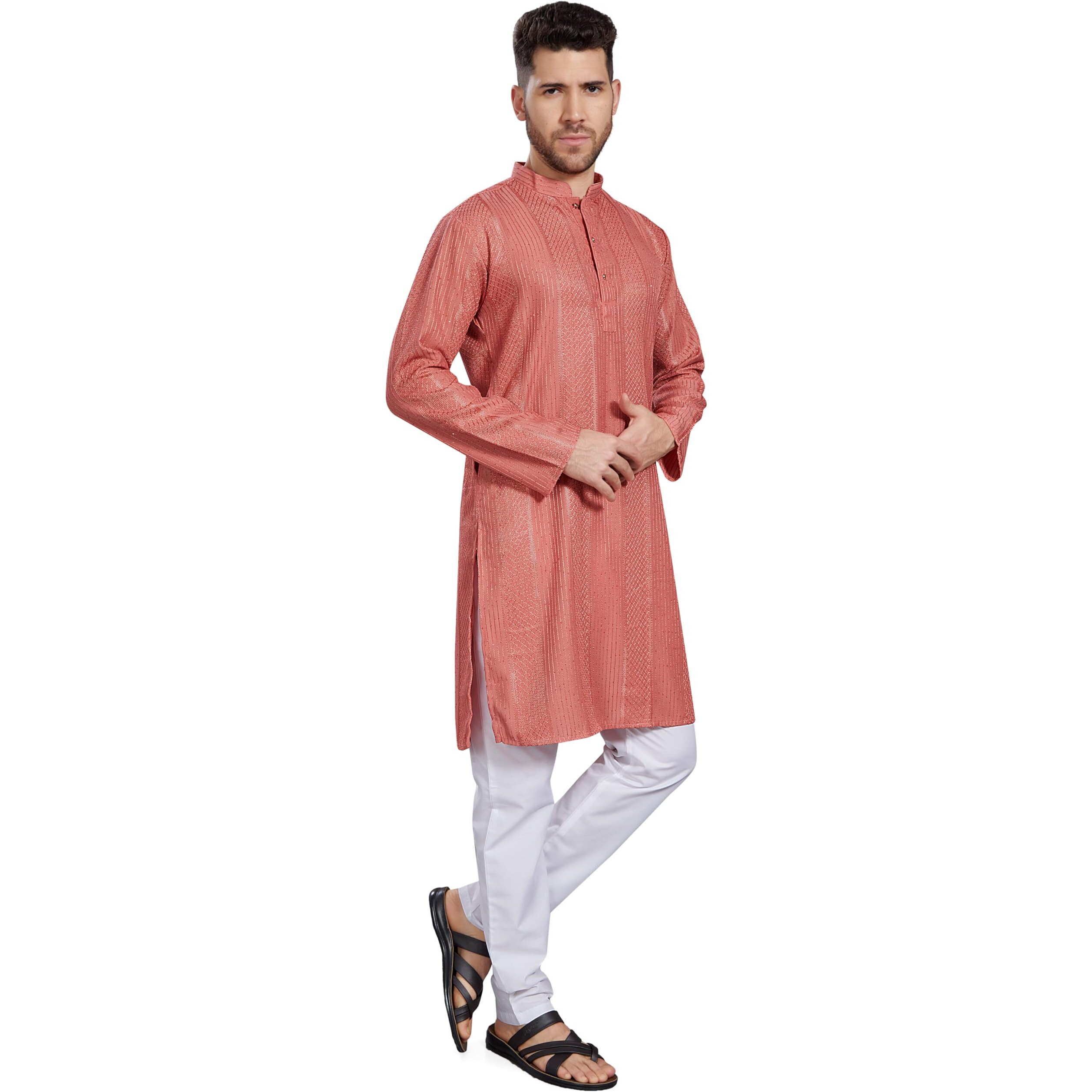 Divisive Men's Thread Embroidered Cotton Blend Only Slim Fit Kurta (Dkrt773_Xl_Peach)