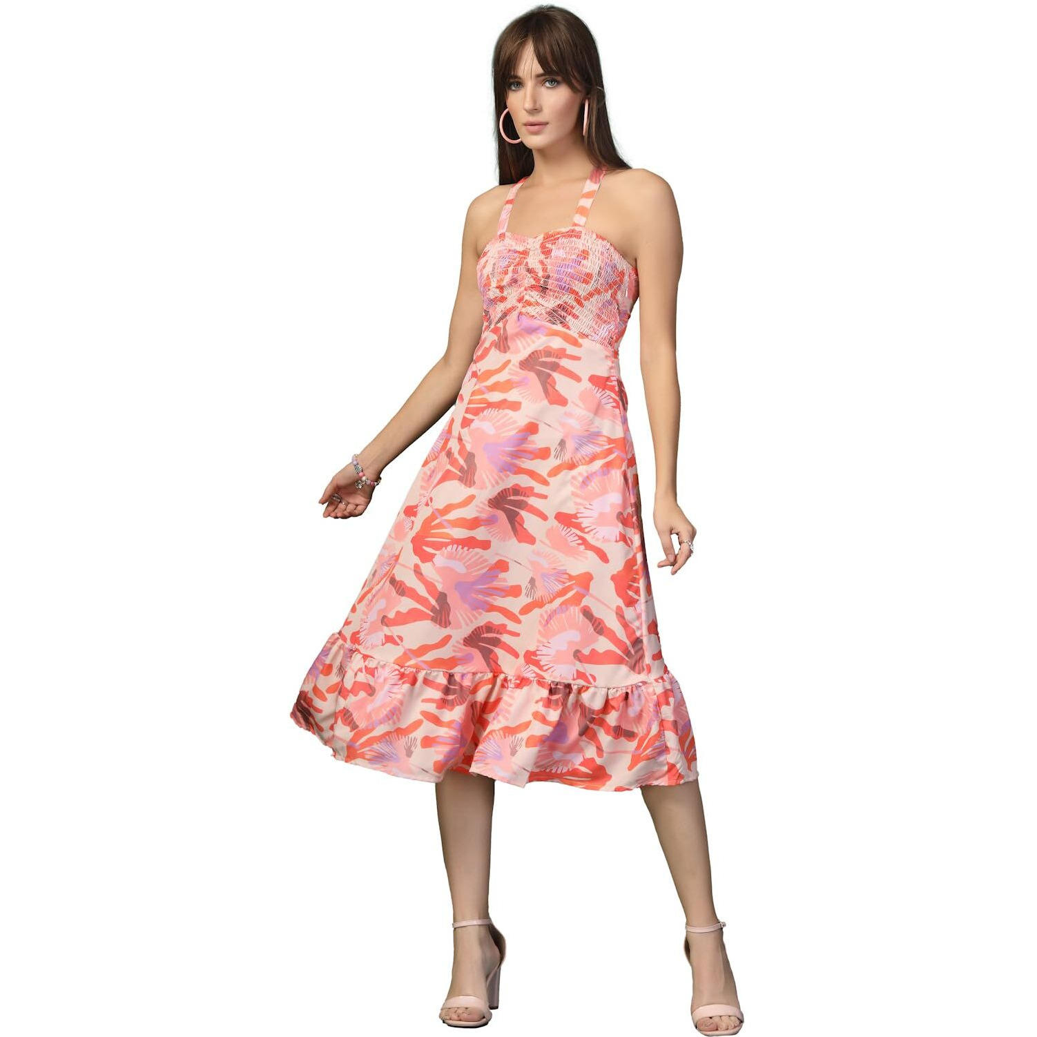 Oomph Women's Western & Fusion Wear Printed Crepe Dress For Women, Smocked Bodice, Orange - Md1056