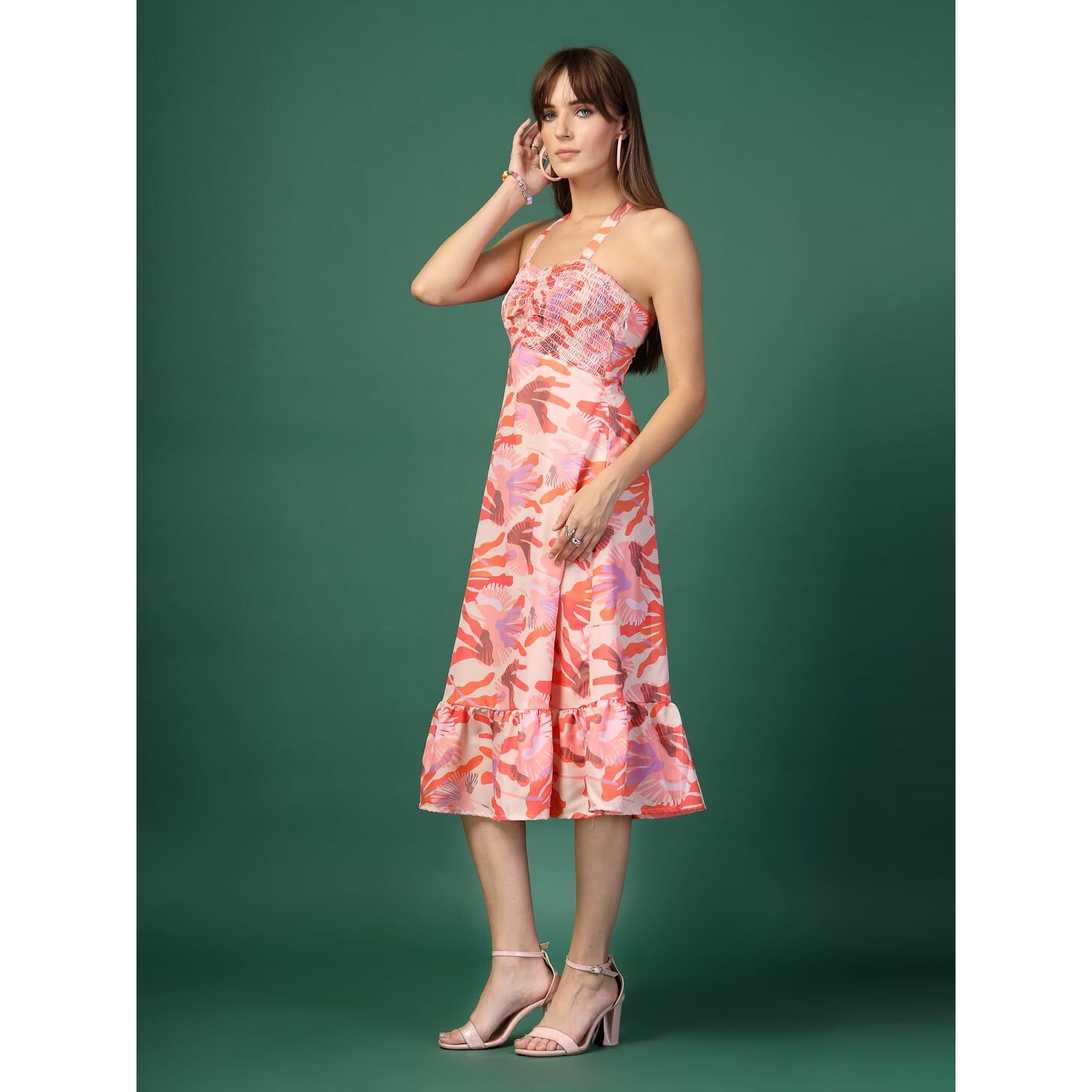 Oomph Women's Western & Fusion Wear Printed Crepe Dress For Women, Smocked Bodice, Orange - Md1056