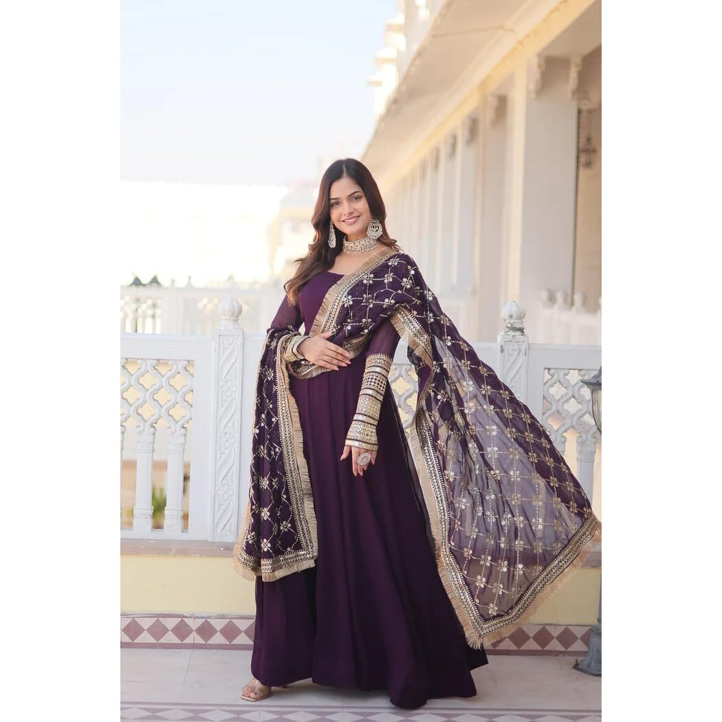 Fashion Basket Women's Purple Georgette Anarkali Gown,Bottom And Dupatta Set (Medium)