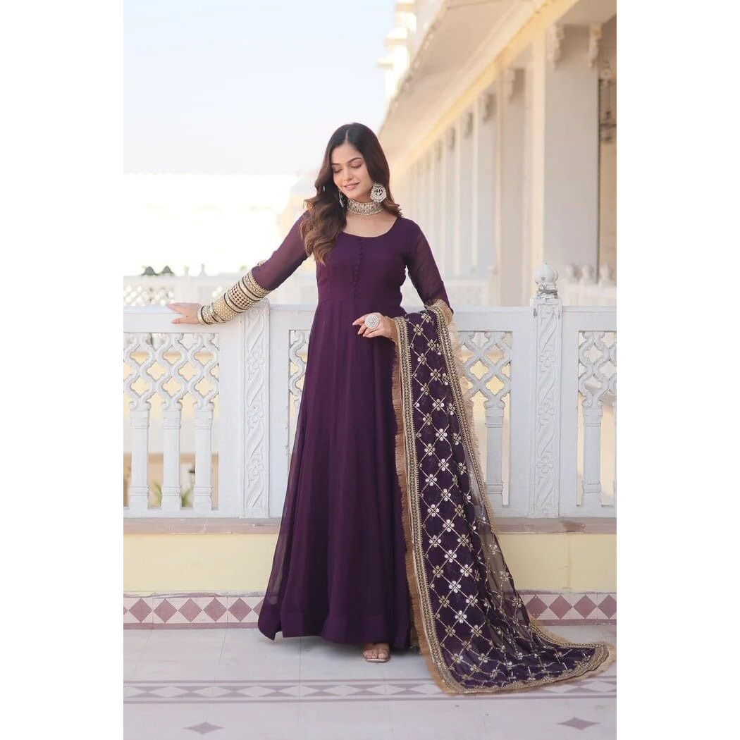 Fashion Basket Women's Purple Georgette Anarkali Gown,Bottom And Dupatta Set (Medium)