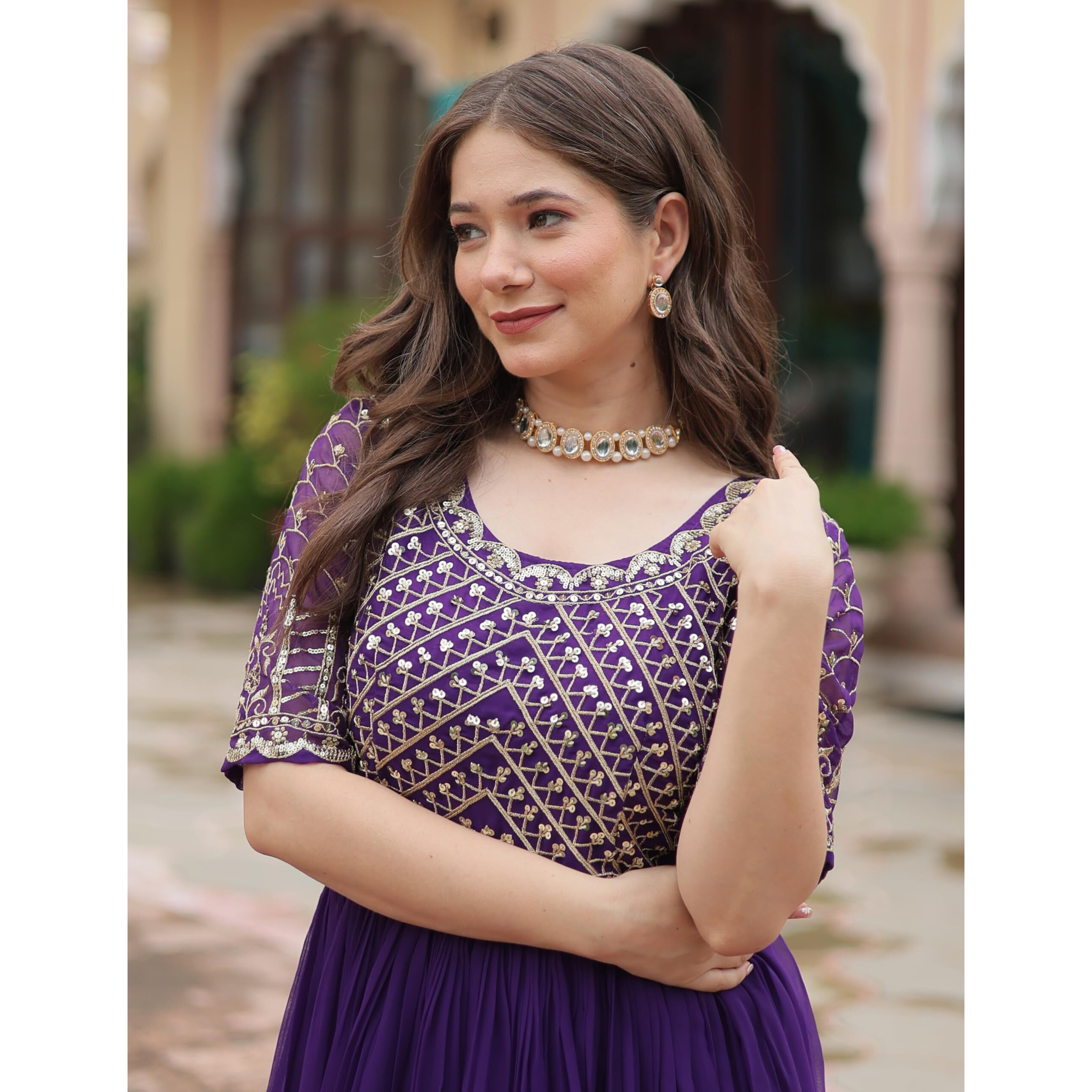 Fashion Basket Georgette Embroidered Anarkali Gown For Women Purple