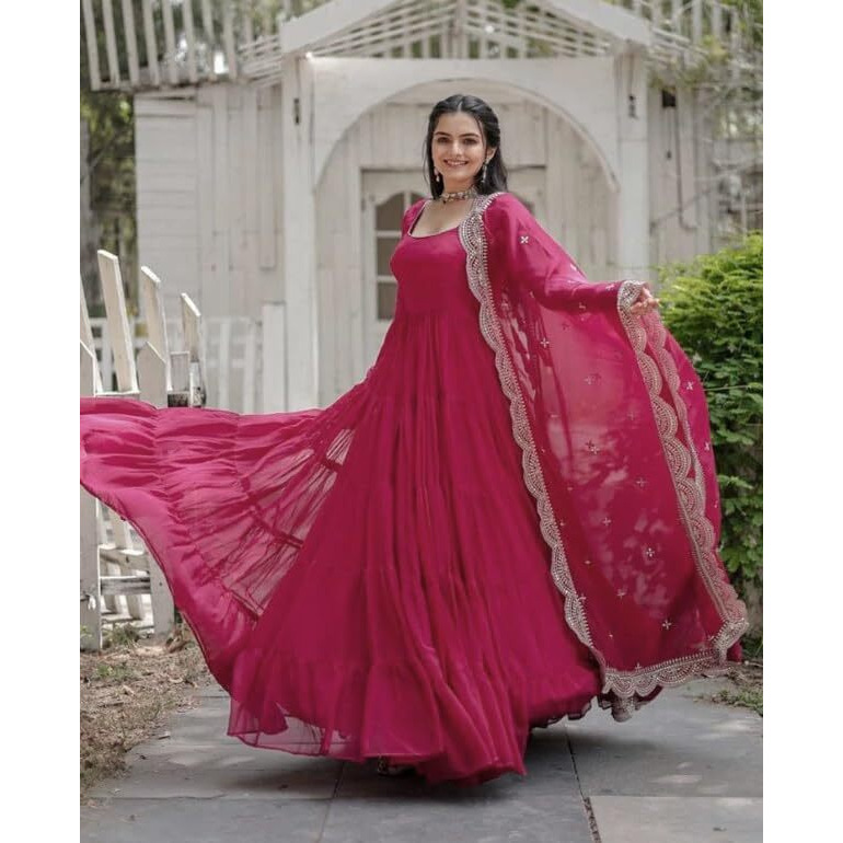 Fashion Basket Women's Georgette Solid Anarkali Dress Pink