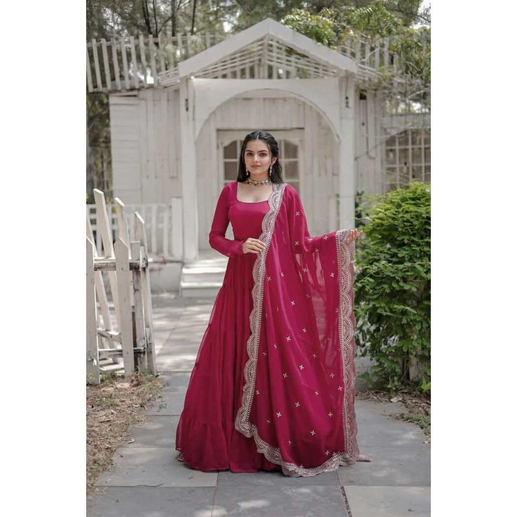 Fashion Basket Women's Georgette Solid Anarkali Dress Pink