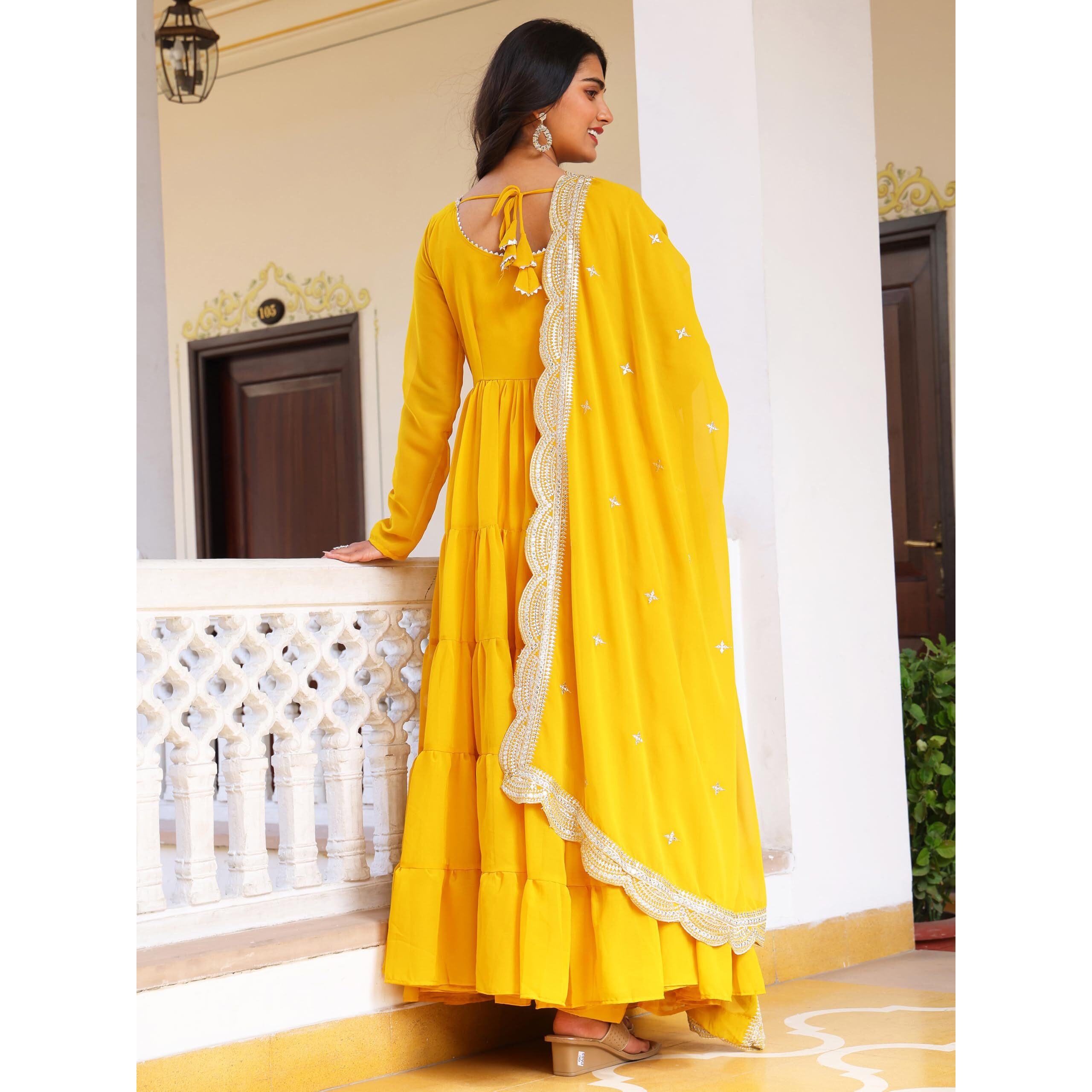 Fashion Basket Women's Georgette Solid Anarkali Dress Yellow