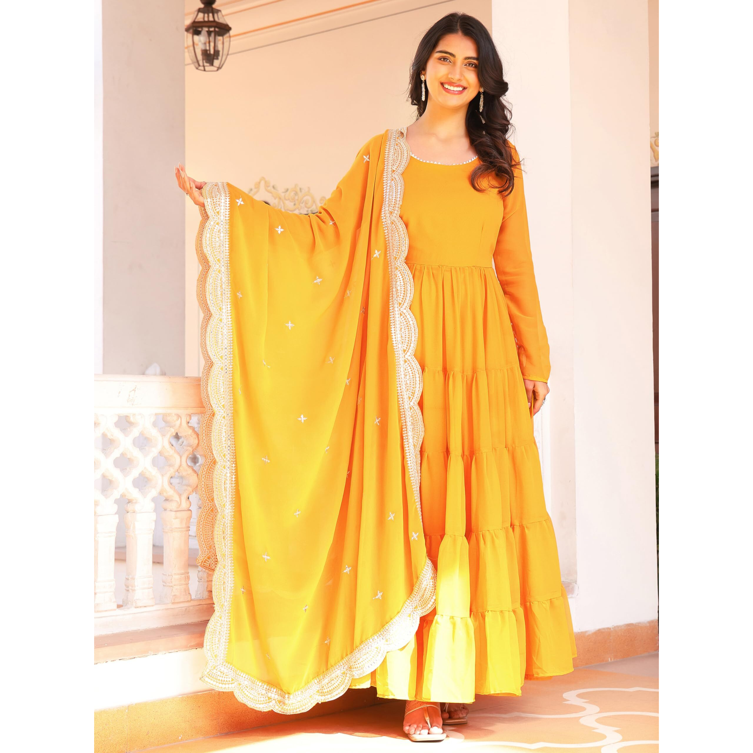 Fashion Basket Women's Georgette Solid Anarkali Dress Yellow
