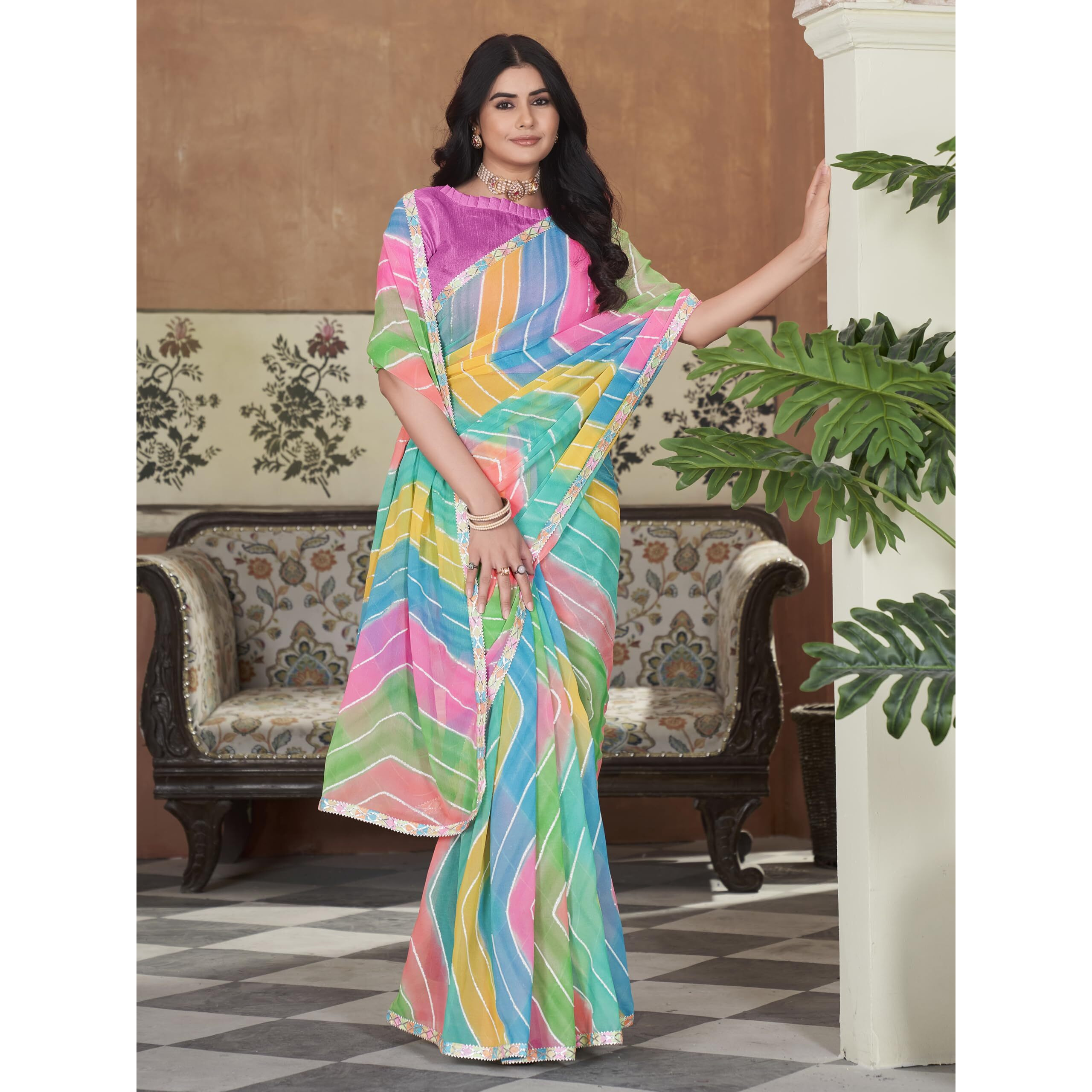 Glory Sarees Women's Georgette Leheriya Foil Print Saree With Blouse Piece (Leheriya_Saree_107_Multicolor)