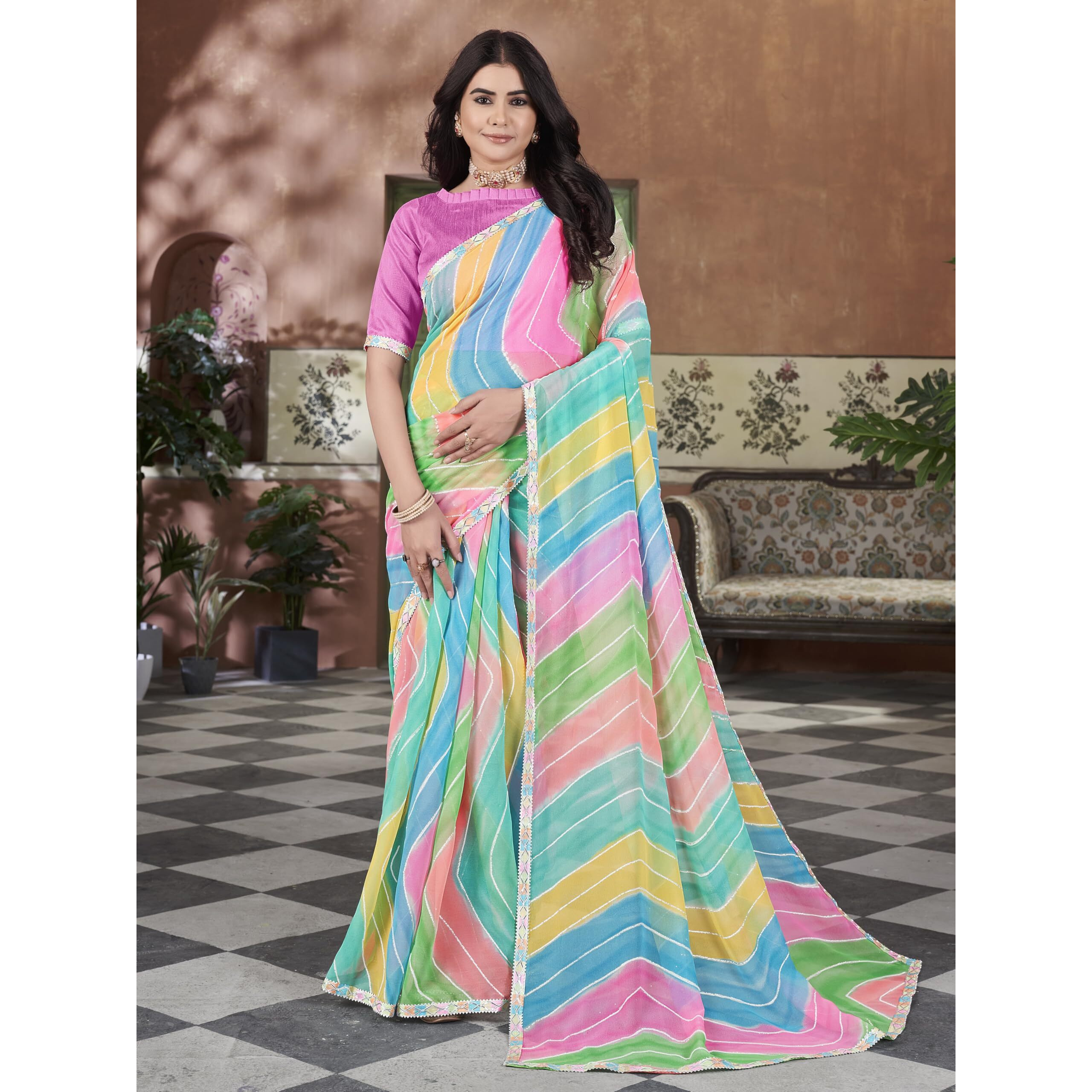 Glory Sarees Women's Georgette Leheriya Foil Print Saree With Blouse Piece (Leheriya_Saree_107_Multicolor)
