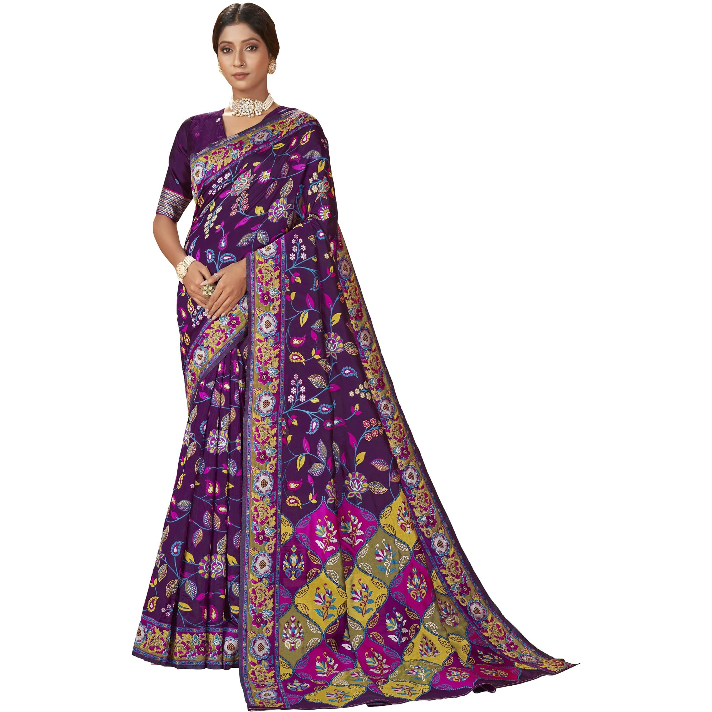 Glory Sarees Women's Kashmiri Pashmina Silk Woven Saree With Blouse Piece (Heritage_Silk112_Wine)