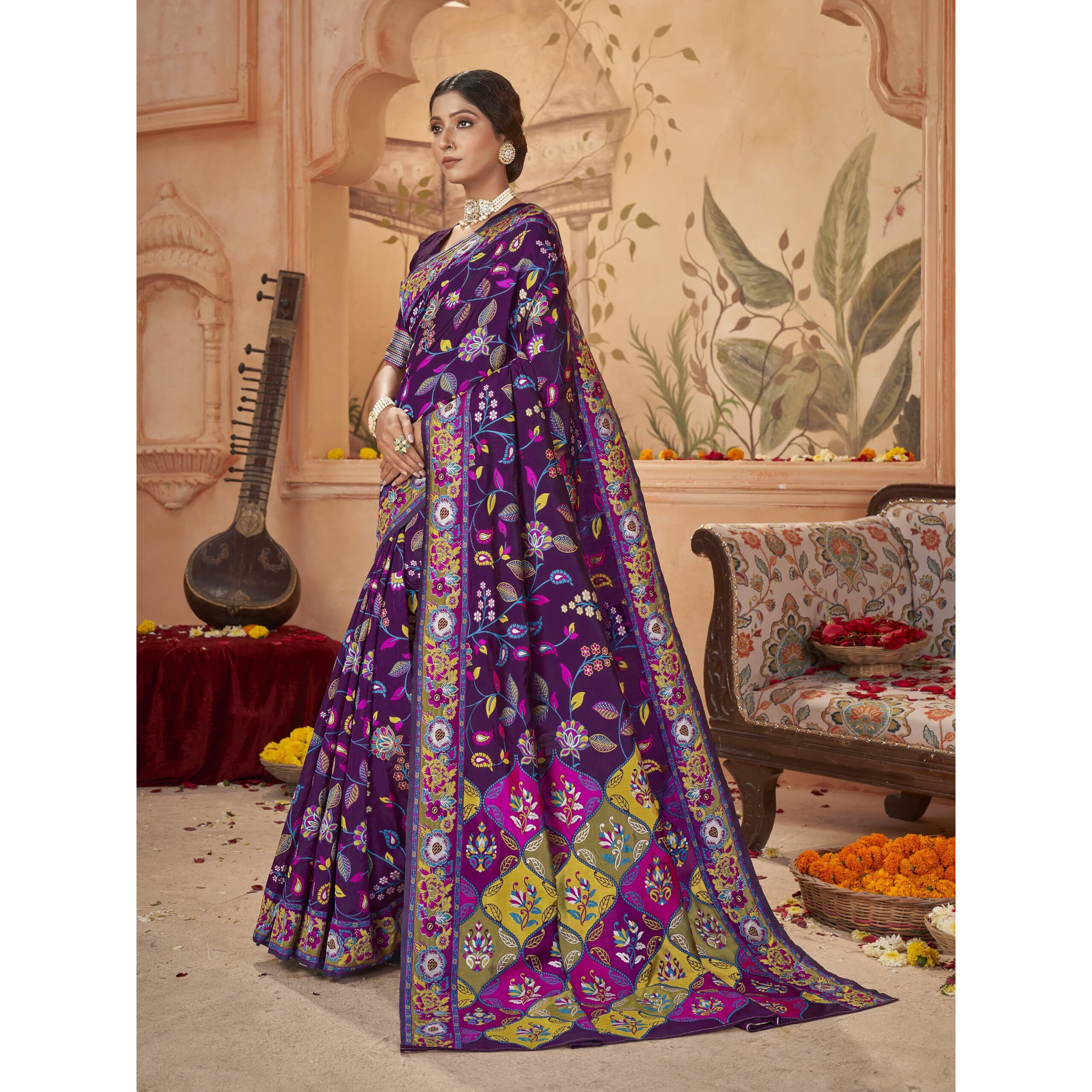 Glory Sarees Women's Kashmiri Pashmina Silk Woven Saree With Blouse Piece (Heritage_Silk112_Wine)