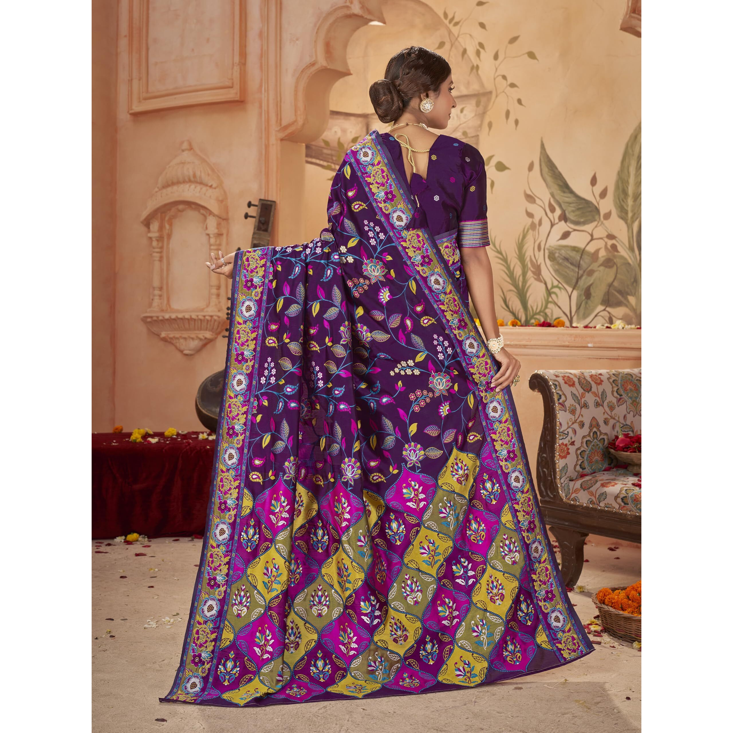 Glory Sarees Women's Kashmiri Pashmina Silk Woven Saree With Blouse Piece (Heritage_Silk112_Wine)