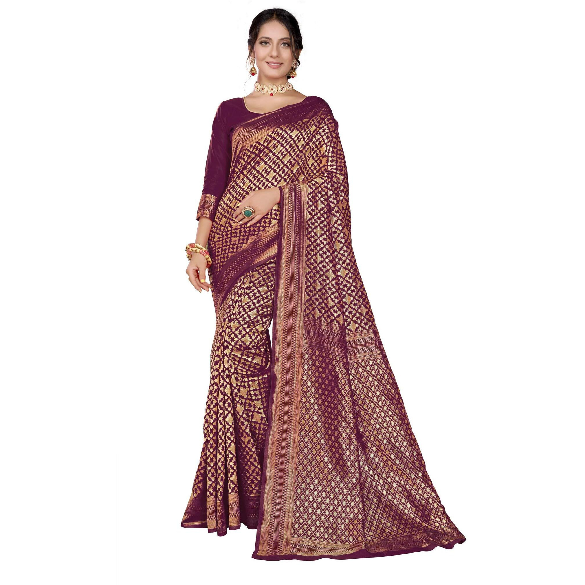 Glory Sarees Women's Banarasi Silk Saree (Kara130Wine_Wine)