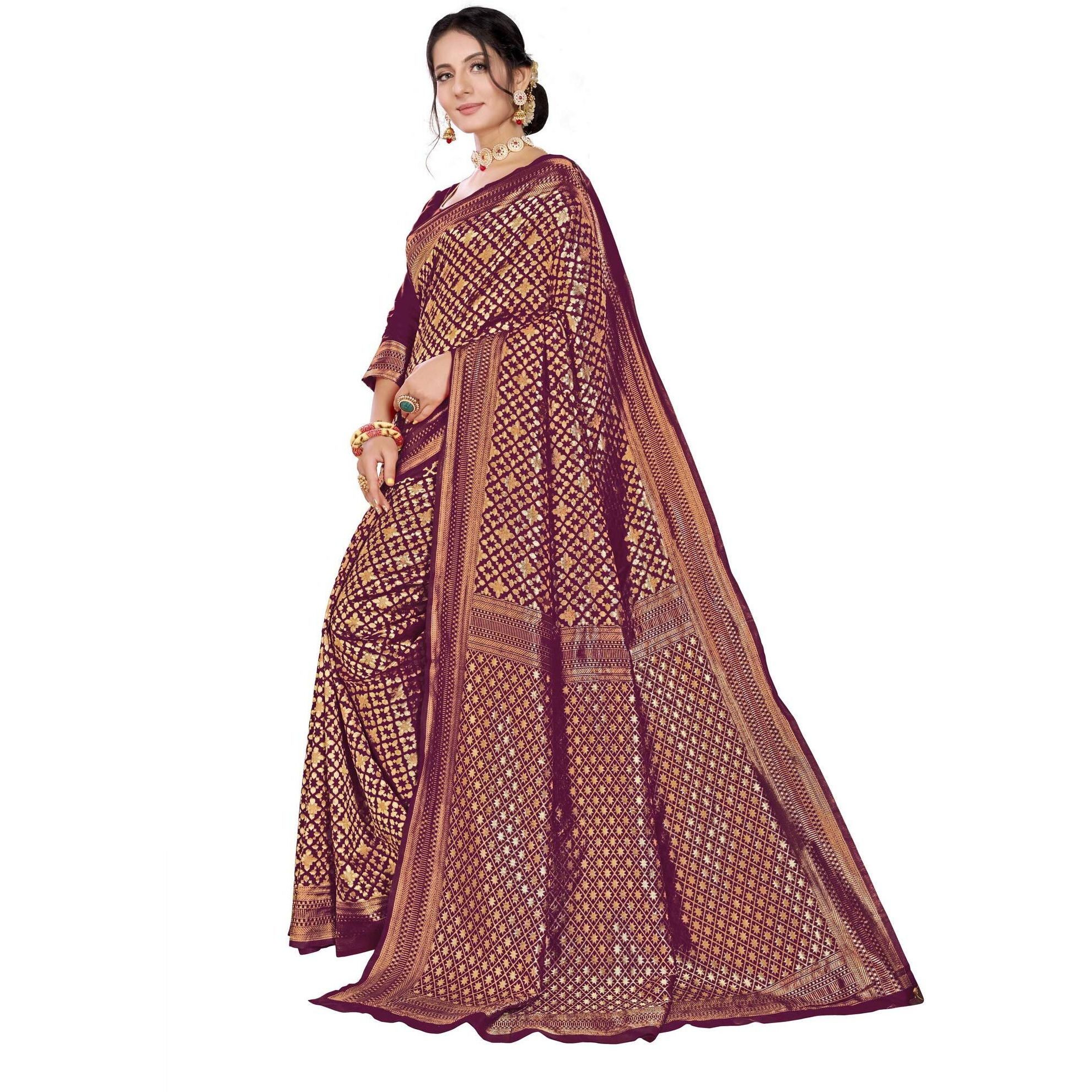 Glory Sarees Women's Banarasi Silk Saree (Kara130Wine_Wine)