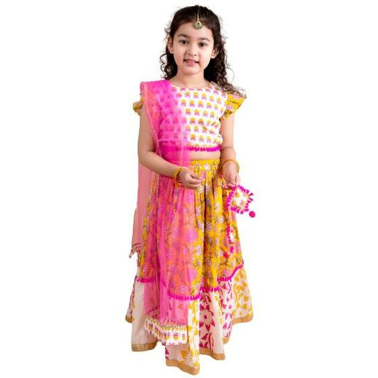 Pspeaches Girls Cotton Yellow White Printed Ready To Wear Readymade Lehenga Set Blouse With Dupatta (Yellow-7-8Y), 7-8 Years