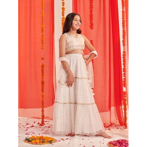 Pspeaches Girl's Net 1 Lehenga, 1 Choli, 1 Dupatta (L-Whitefoil-7- White_7-8Y)