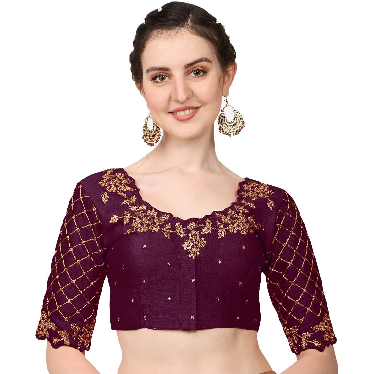 Pujia Mills Women's Embroidery Handwork, Rough Cut Work Stone Work Readymade Blouse (32, Wine)