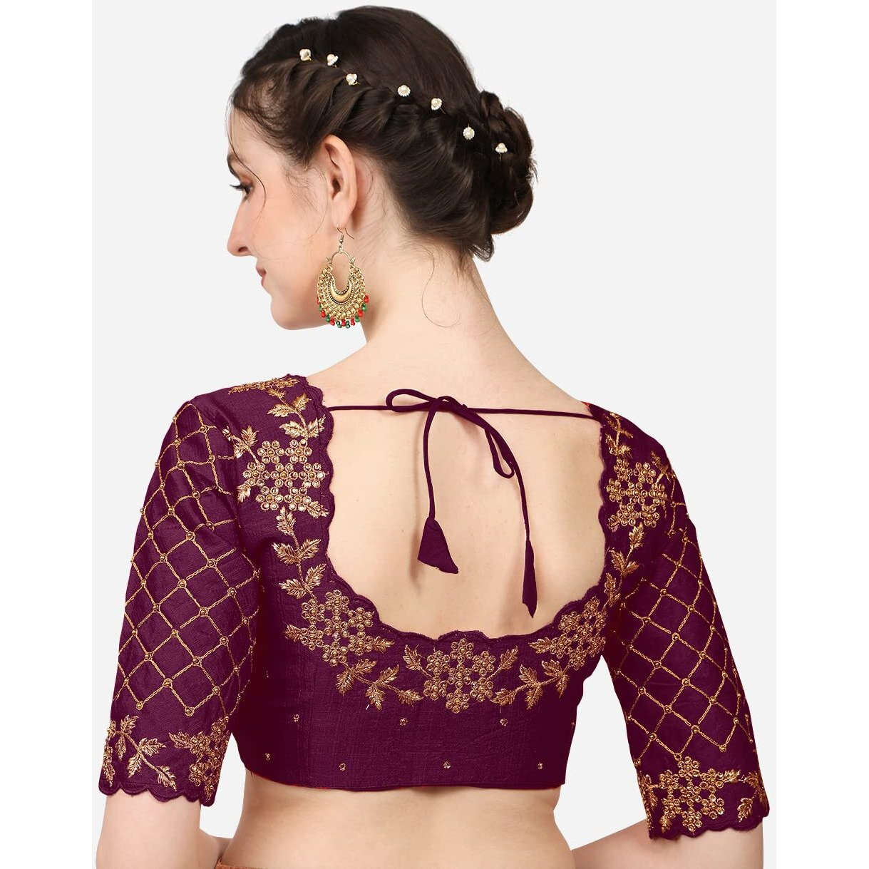 Pujia Mills Women's Embroidery Handwork, Rough Cut Work Stone Work Readymade Blouse (32, Wine)