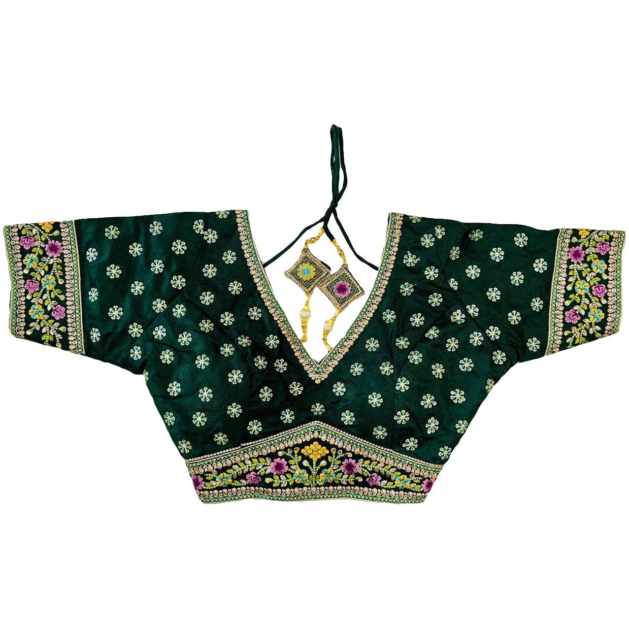 Pujia Mills Women's Milan Silk Golden Zari Embroidery With Sequins Work Green Saree Blouse(Vanshika Green_42)