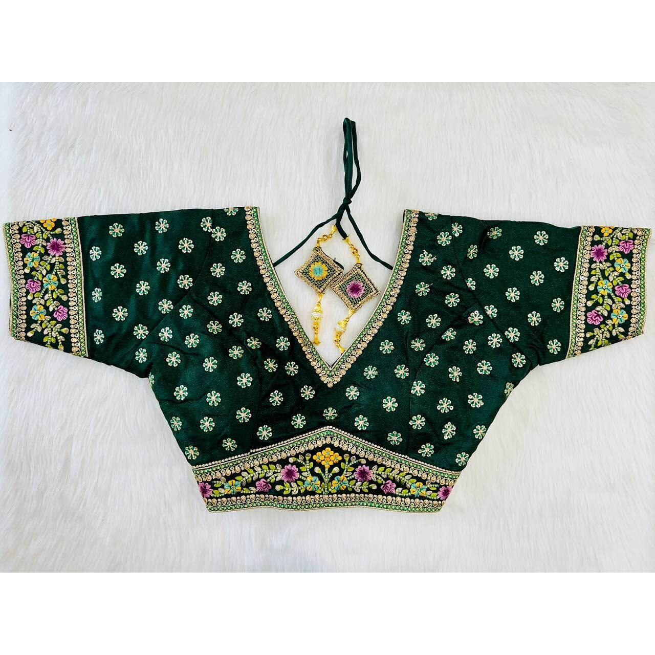 Pujia Mills Women's Milan Silk Golden Zari Embroidery With Sequins Work Green Saree Blouse(Vanshika Green_42)