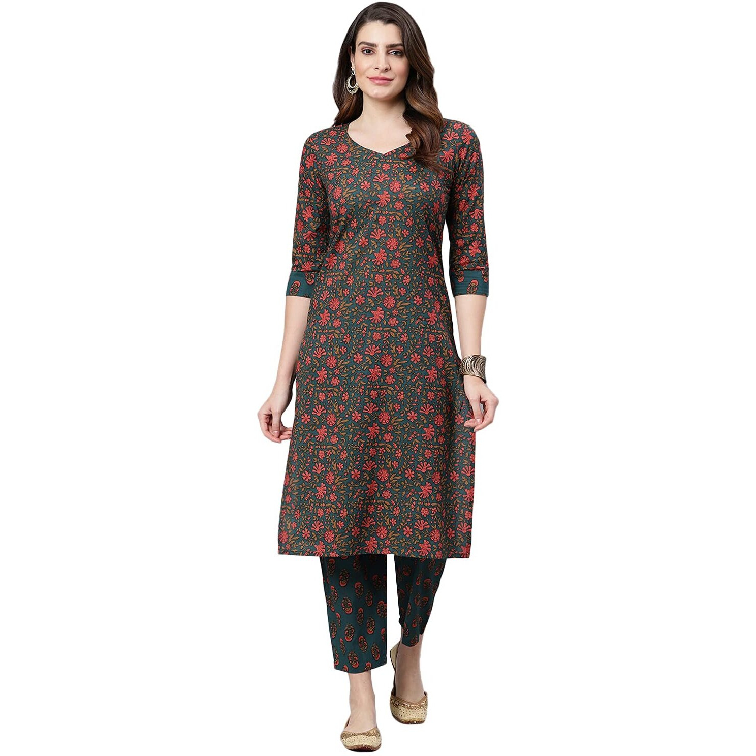 Idalia Dark Sea Green And Crimson Floral Printed Straight Cotton Kurta Set For Women