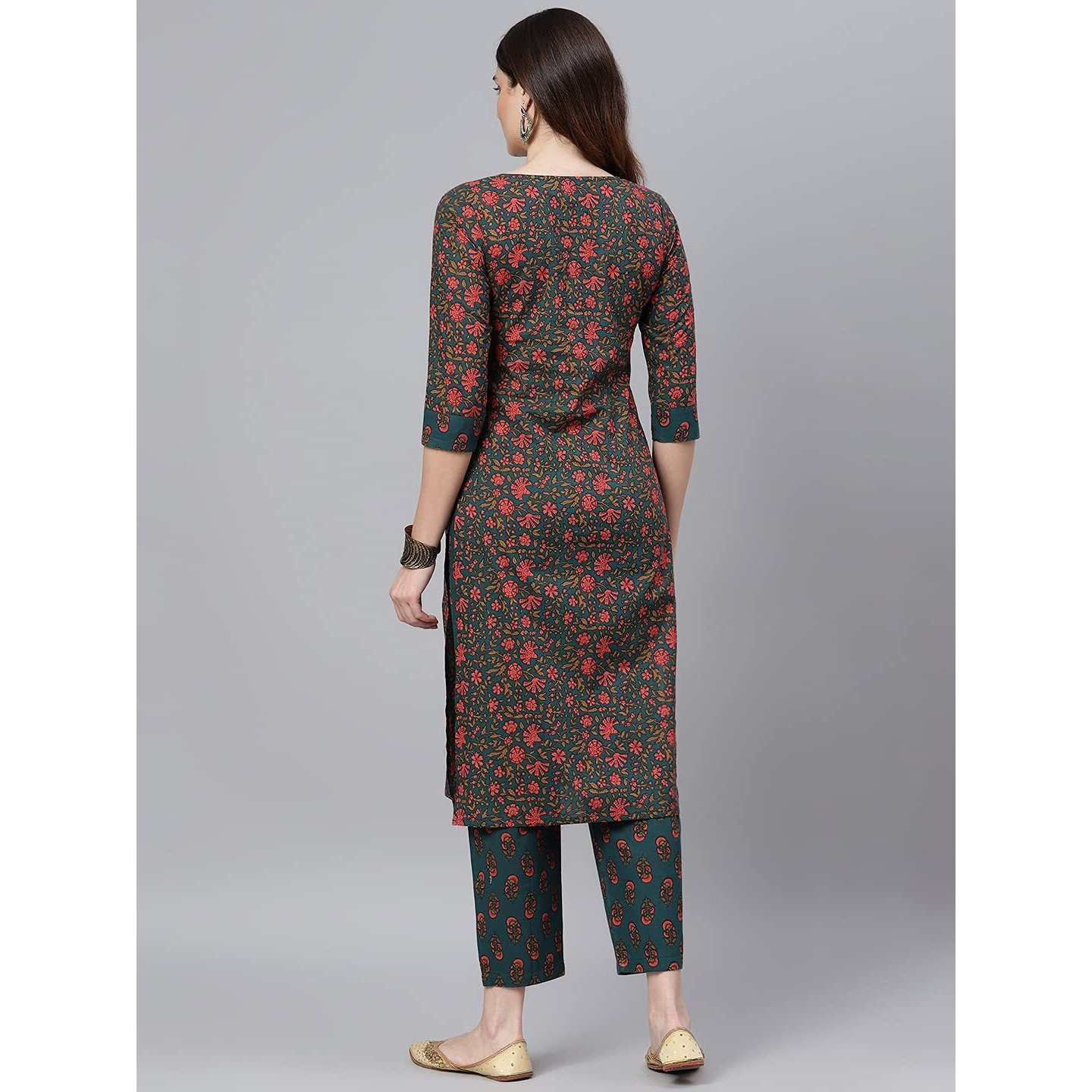 Idalia Dark Sea Green And Crimson Floral Printed Straight Cotton Kurta Set For Women