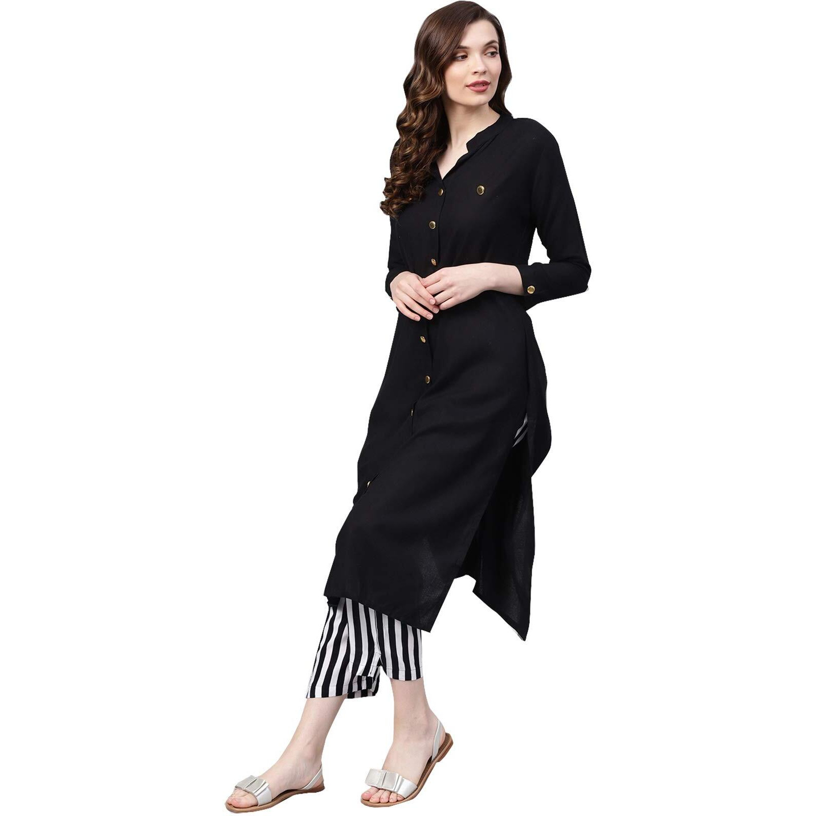 Ishin Women's Rayon Black & White Solid A-Line Kurta Set With Palazzo