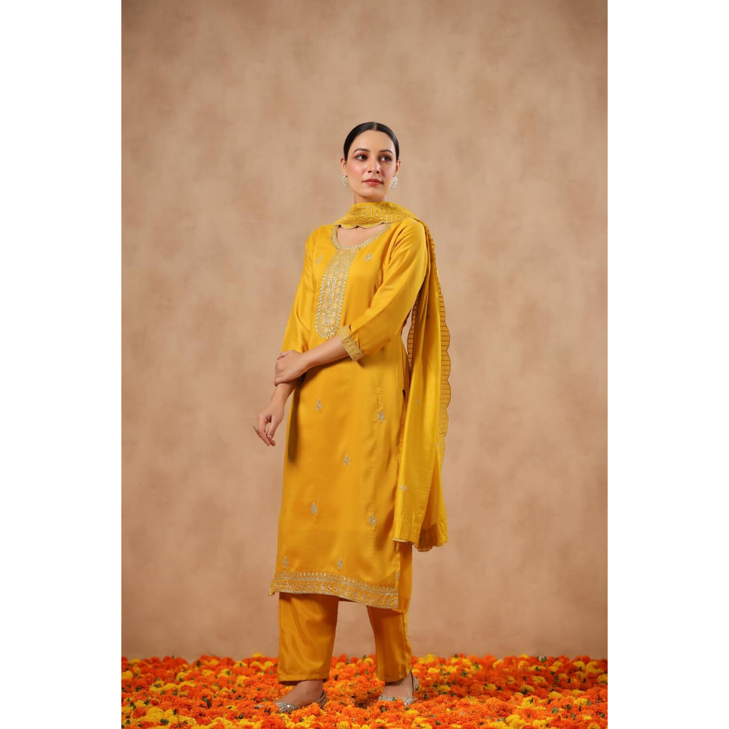Ishin Women's Poly Silk Ethnic Motifs Zari Mustard Straight Kurta Suit Set With Trousers And Dupatta