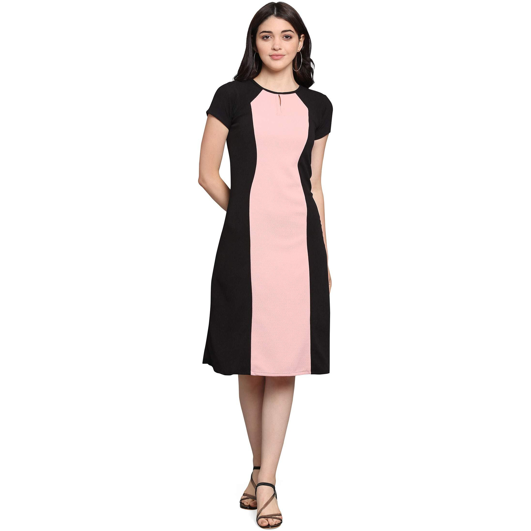 Purvaja Womens Fit & Flare Dress(Lucy-052-Pe-Bl_Peach-Black_Large)