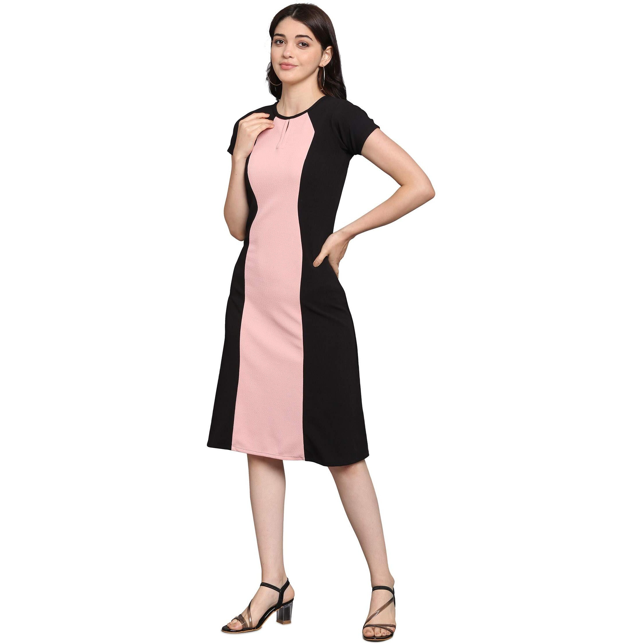 Purvaja Womens Fit & Flare Dress(Lucy-052-Pe-Bl_Peach-Black_Large)