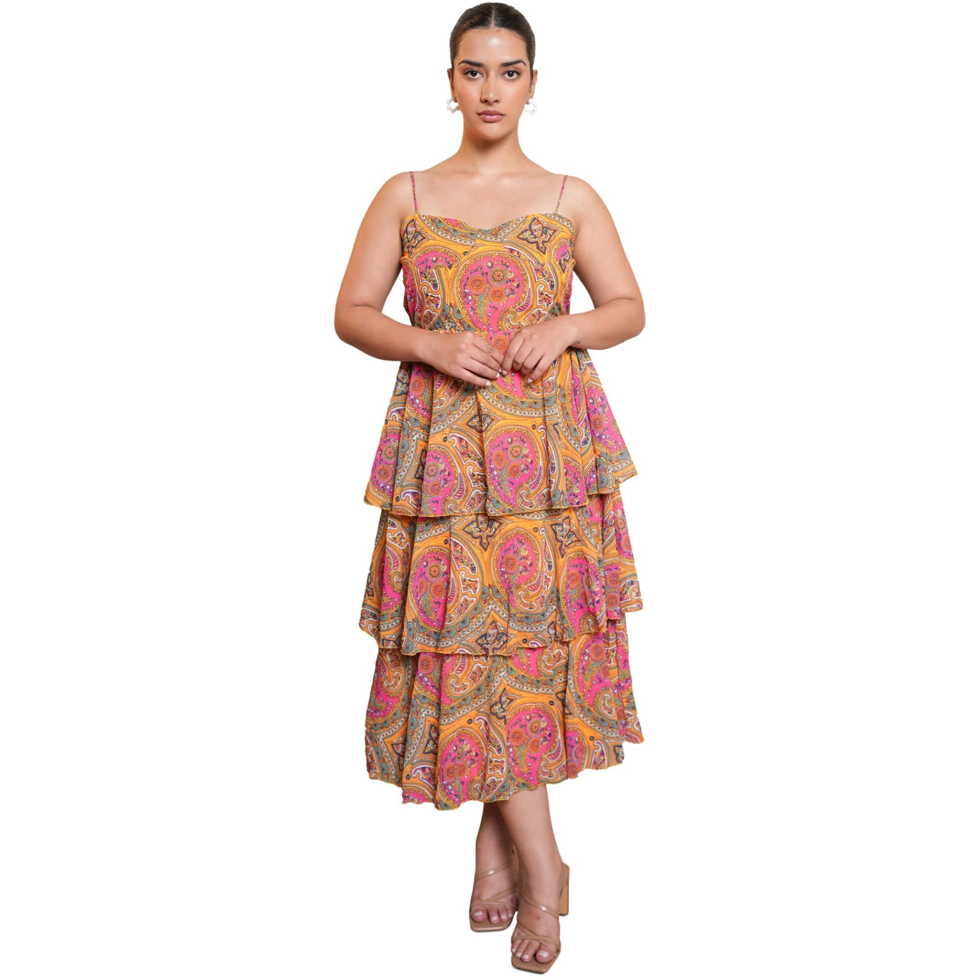 Purvaja Womens Layered Below Knee Length Dress (Floe-023_Yellow_X-Large)