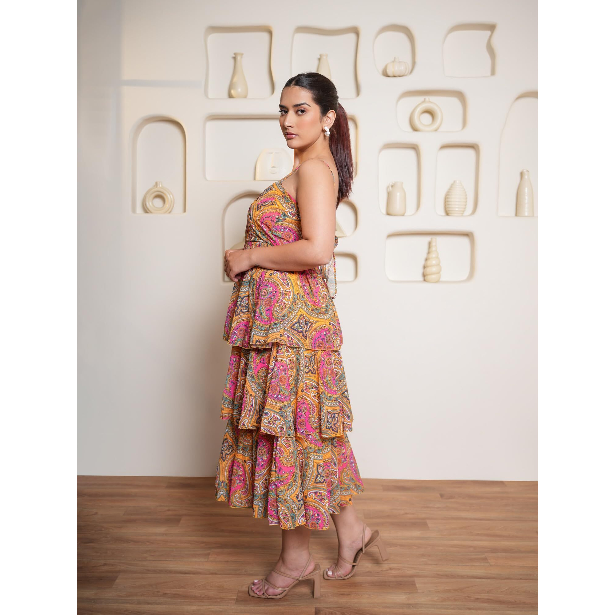 Purvaja Womens Layered Below Knee Length Dress (Floe-023_Yellow_X-Large)