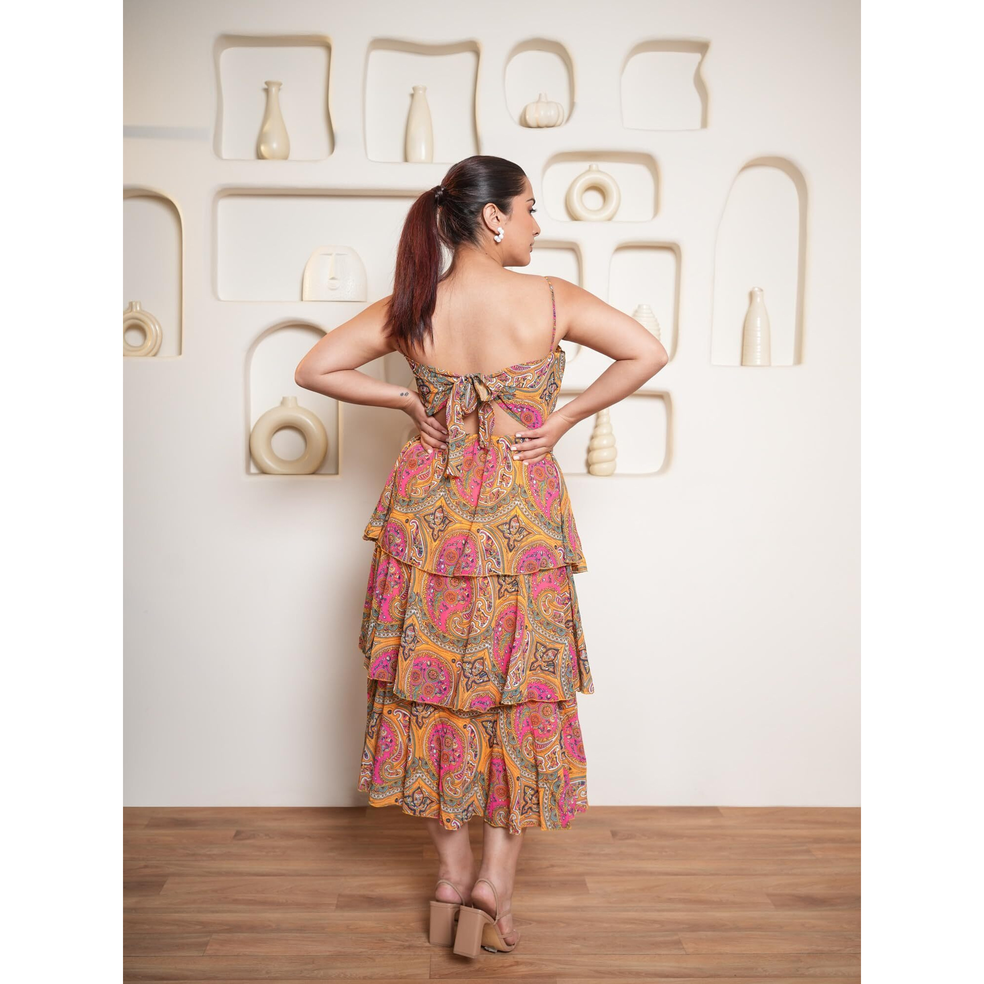 Purvaja Womens Layered Below Knee Length Dress (Floe-023_Yellow_X-Large)