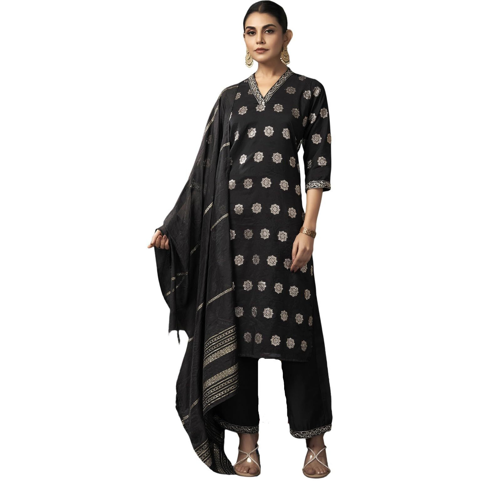 Sanisa Women's Silk Blend Jacquard And Sequins Embroidery Lace Straight Kurta With Pant And Dupatta Set (202Kbd2142N-Xl_Black & Golden)
