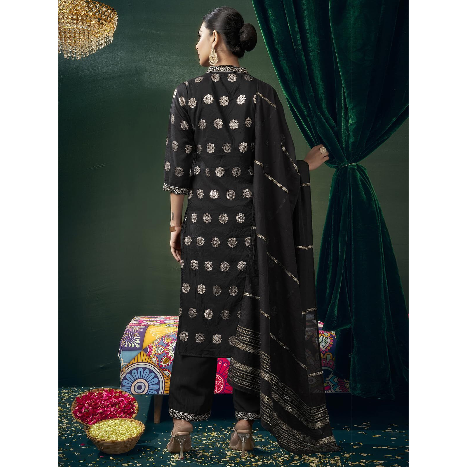 Sanisa Women's Silk Blend Jacquard And Sequins Embroidery Lace Straight Kurta With Pant And Dupatta Set (202Kbd2142N-Xl_Black & Golden)
