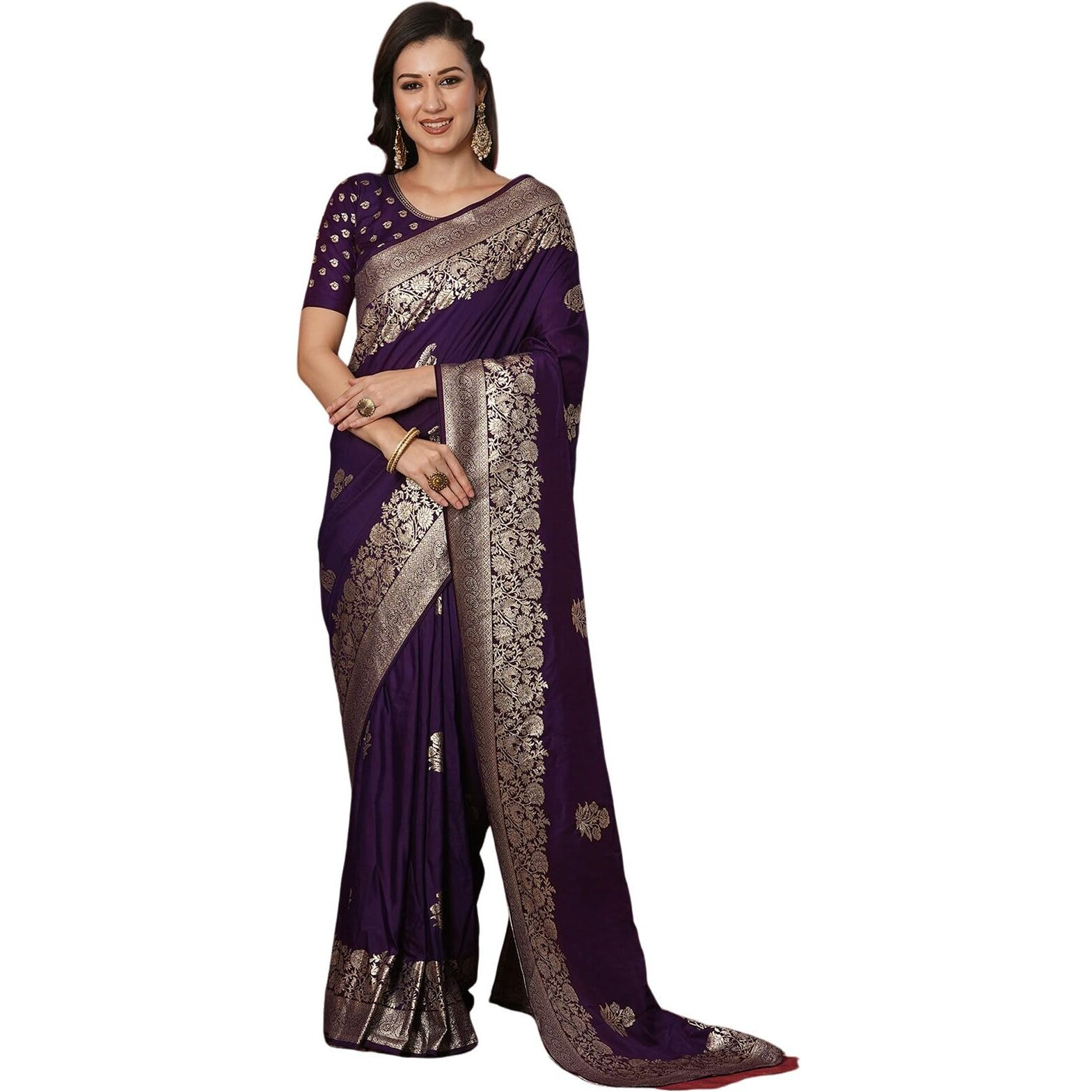 Satrani Women's Cotton Silk Banarasi Jacquard Saree With Unstitched Blouse Piece (4067S6413N_Dark Purple)