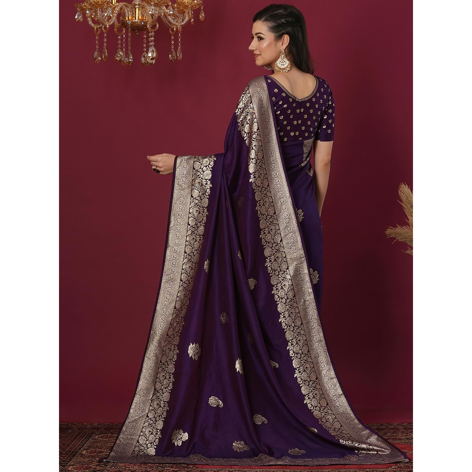 Satrani Women's Cotton Silk Banarasi Jacquard Saree With Unstitched Blouse Piece (4067S6413N_Dark Purple)