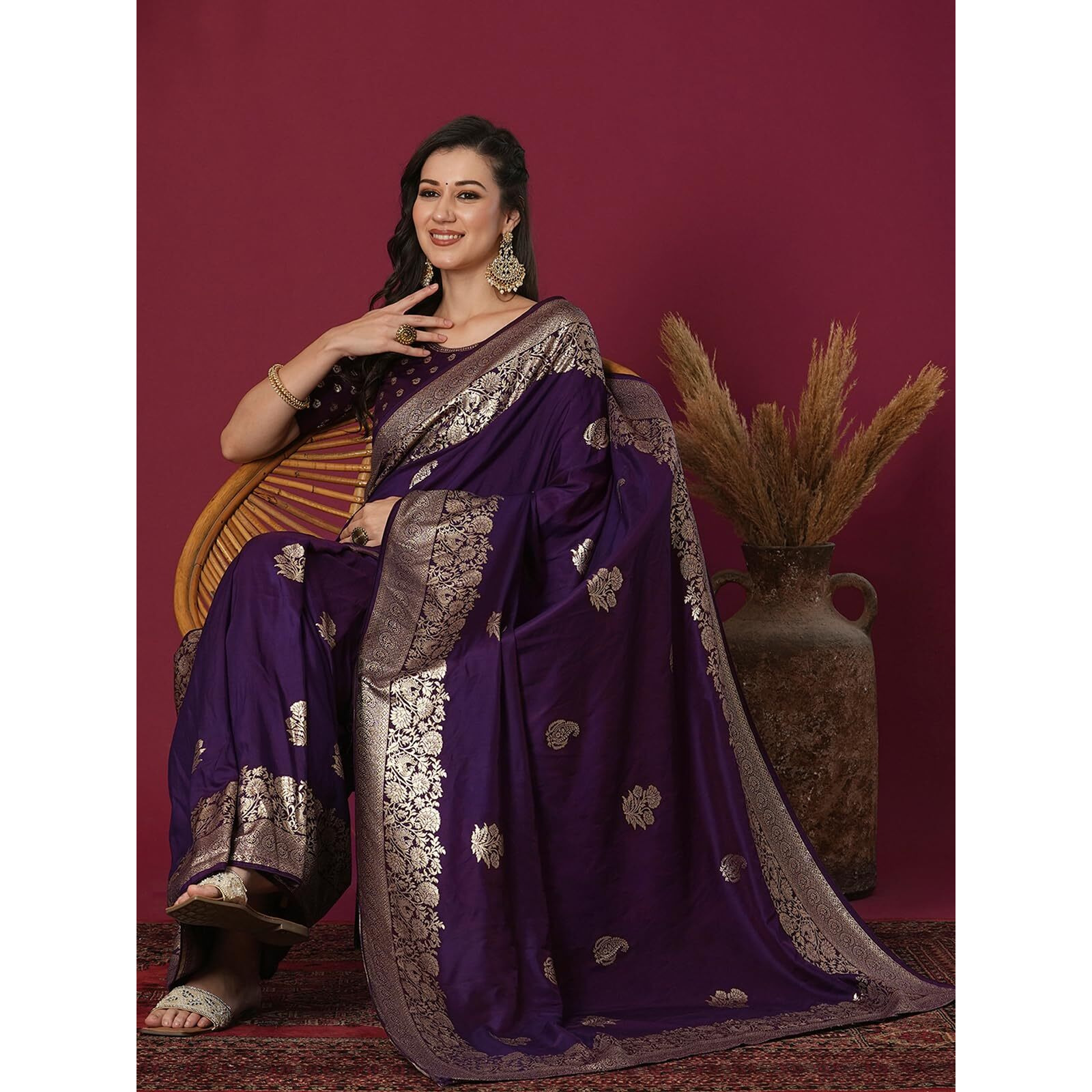 Satrani Women's Cotton Silk Banarasi Jacquard Saree With Unstitched Blouse Piece (4067S6413N_Dark Purple)
