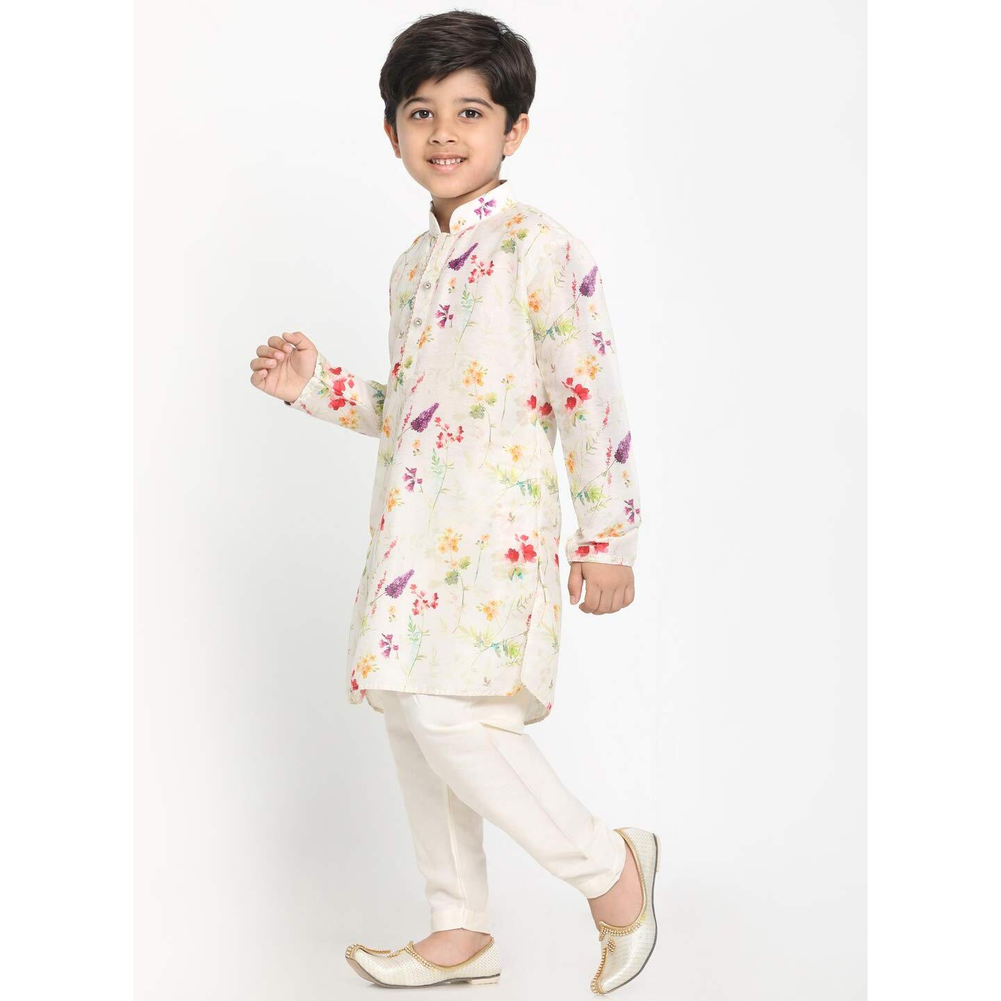 Vastramay Boys' Perfect Spring Edit Floral Design Digitally Printed Kurta With Bling Buttons & Singara Border, Relaxed Pyjama Set For Ethnic & Festive Occasions