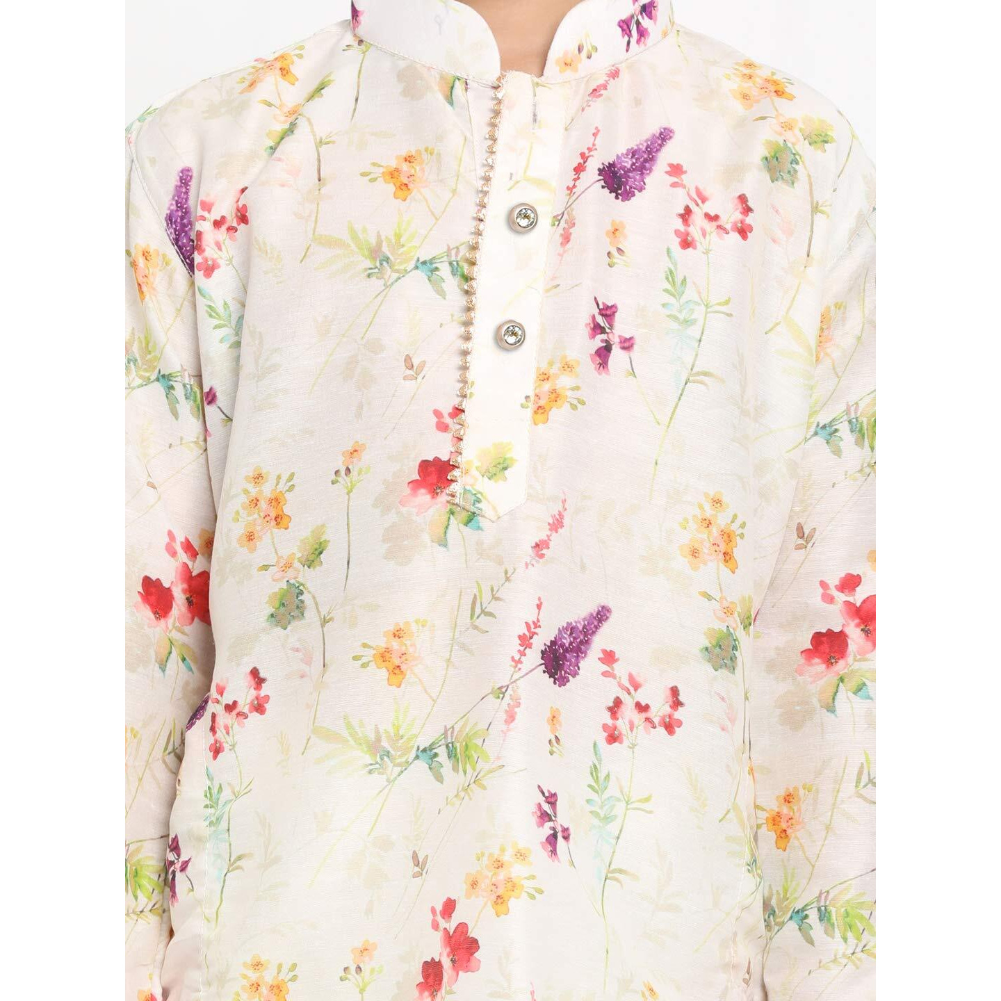 Vastramay Boys' Perfect Spring Edit Floral Design Digitally Printed Kurta With Bling Buttons & Singara Border, Relaxed Pyjama Set For Ethnic & Festive Occasions