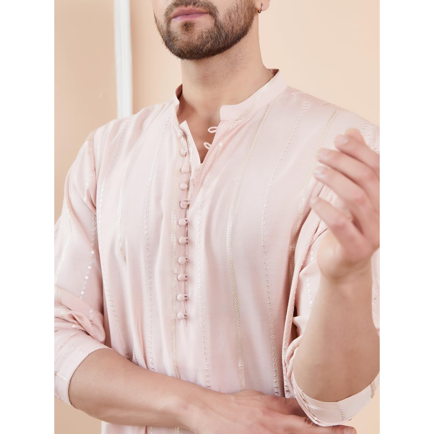 See Designs Men Full Sleeve Side Slit Pink And Gold Chanderi Silk Sequins Mandarin Collar Kurta - Sd2Kt_2432L