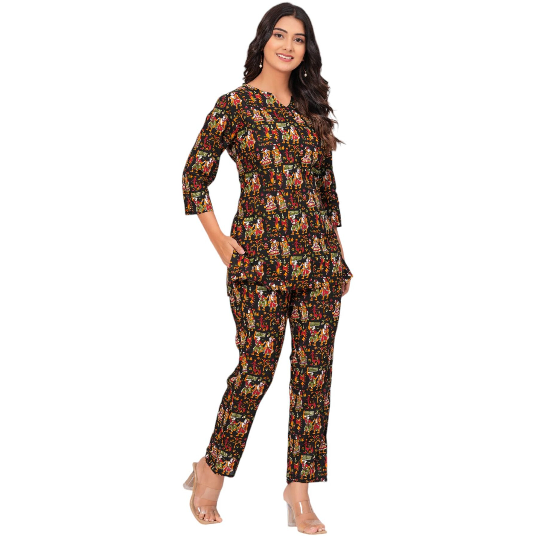 Jikonet Women Cotton Printed Co-Ord Set Kurta Set With Pant Set (Black, Xx-Large)