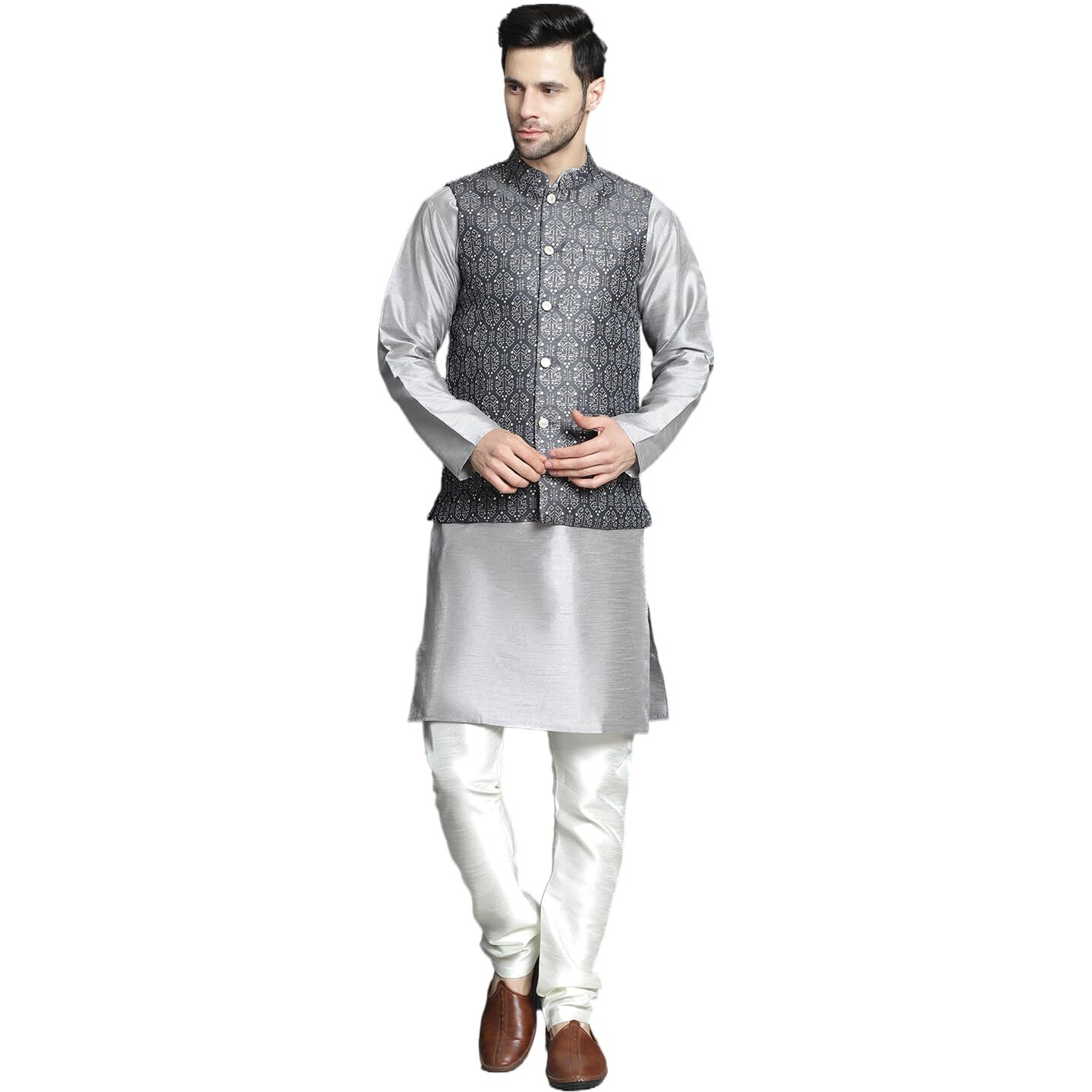 Jompers Men's Charcoal Printed Nehru Jacket With Kurta Pyjama Set (Charcoal, Xxl)