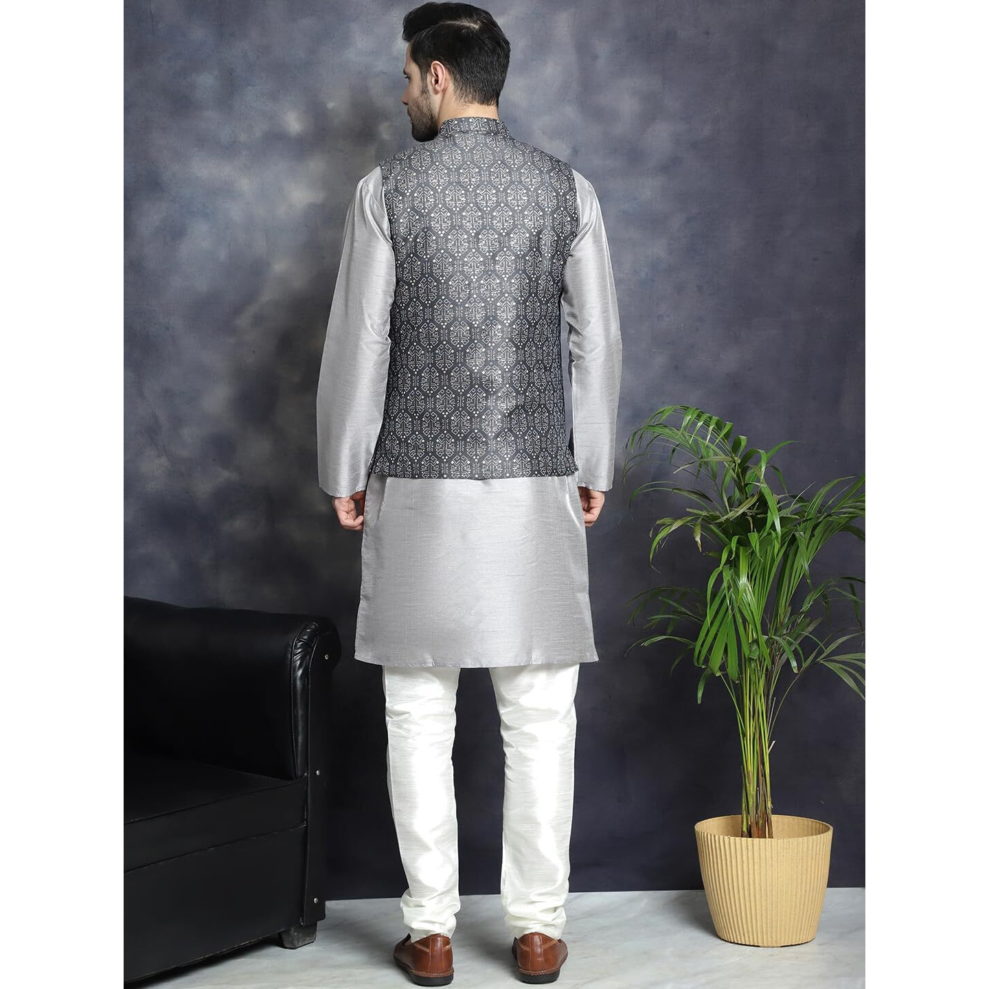Jompers Men's Charcoal Printed Nehru Jacket With Kurta Pyjama Set (Charcoal, Xxl)